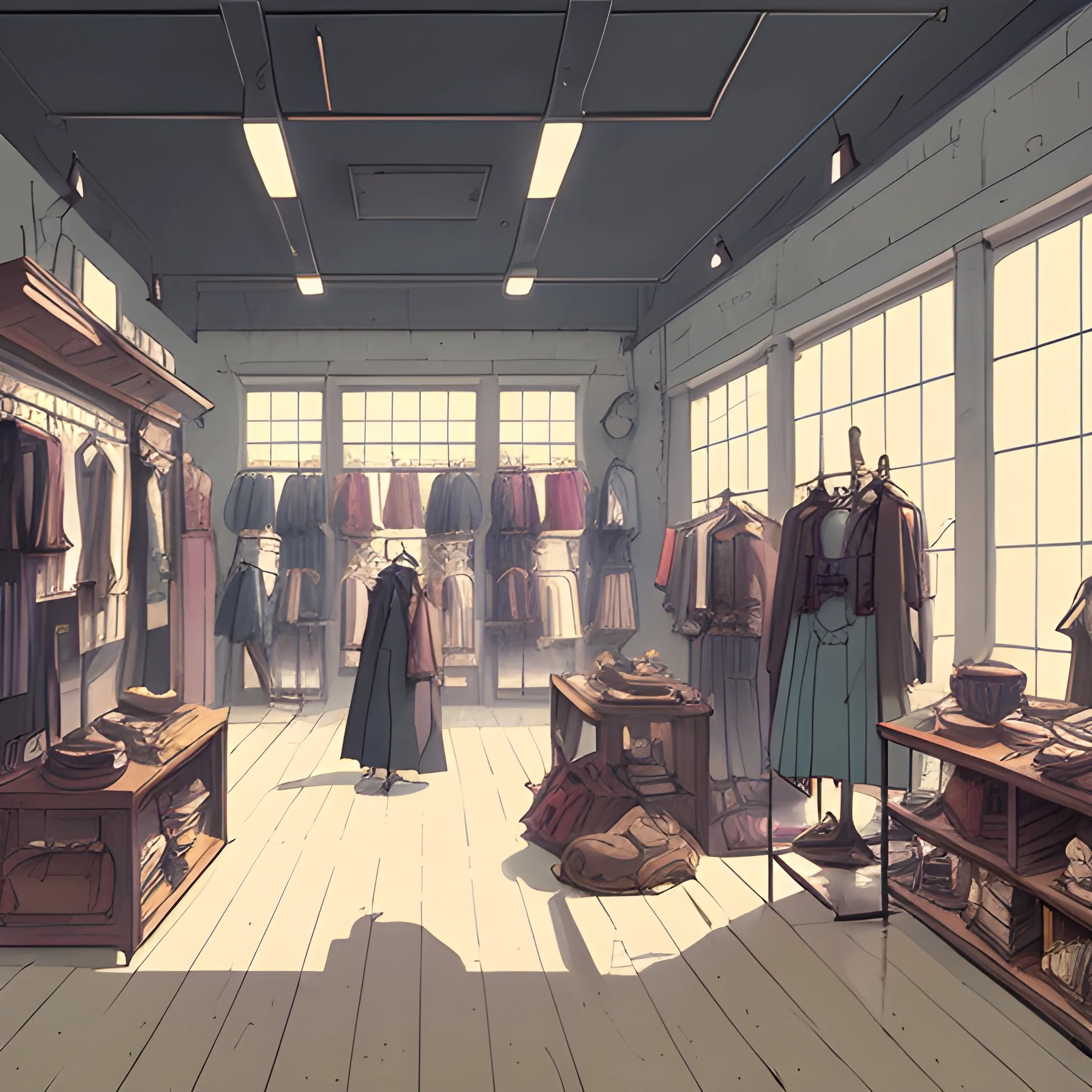 law view of a fashion store interior with items... in the style of makoto shinkai and greg rutkowski and albert bierstadt and james gurney, Cartoon