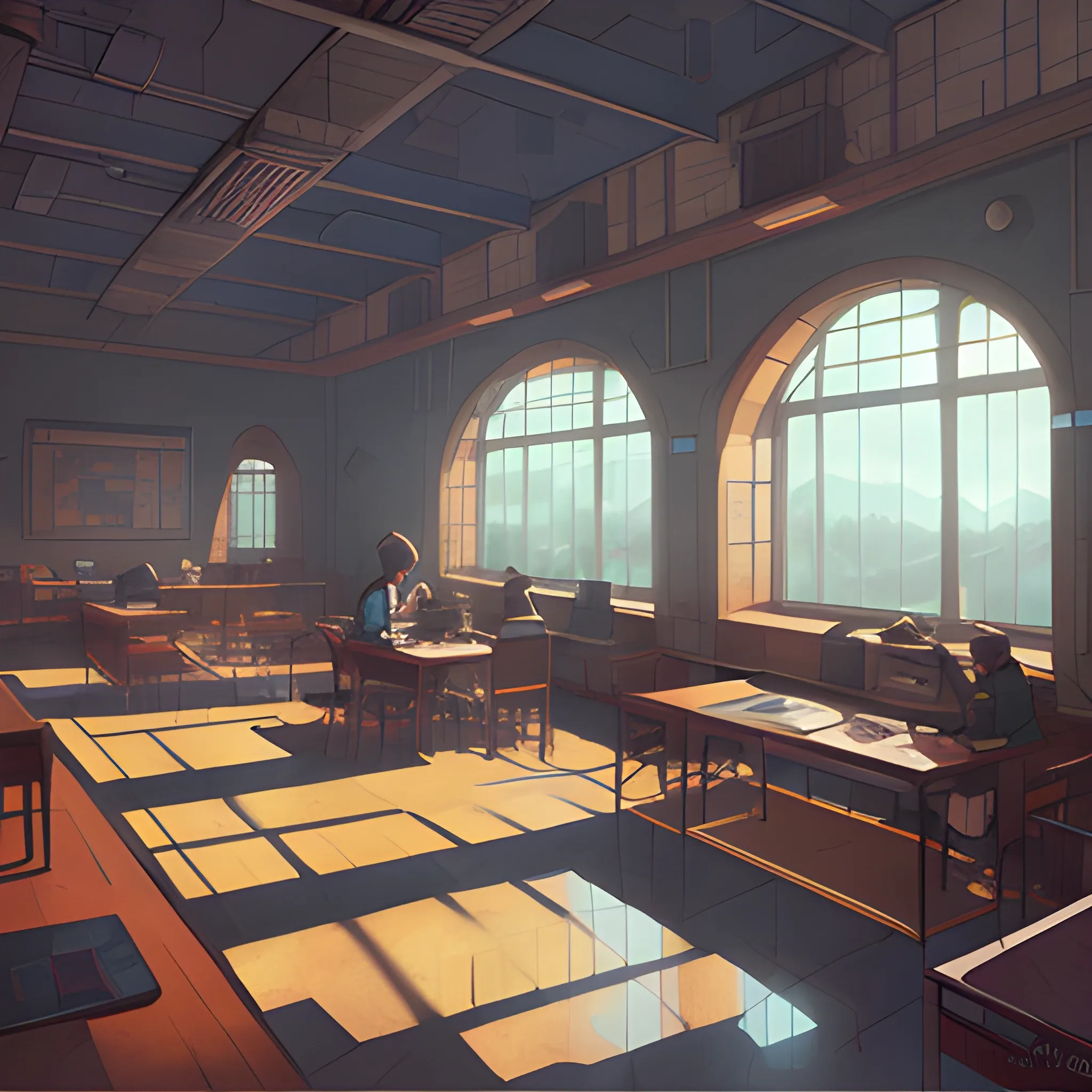 university interior... in the style of makoto shinkai and greg rutkowski and albert bierstadt and james gurney, Cartoon