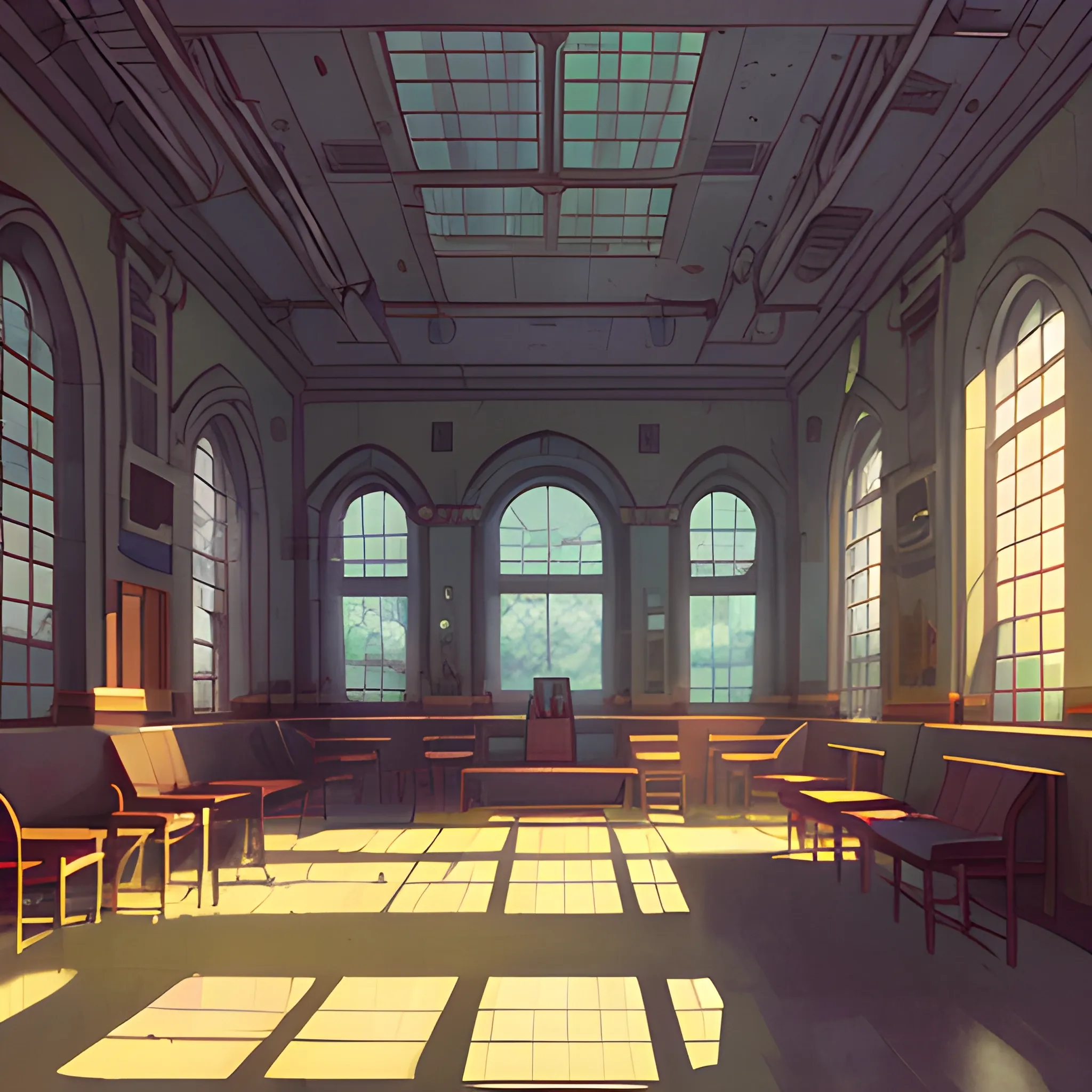 university interior... in the style of makoto shinkai and greg rutkowski and albert bierstadt and james gurney, Cartoon