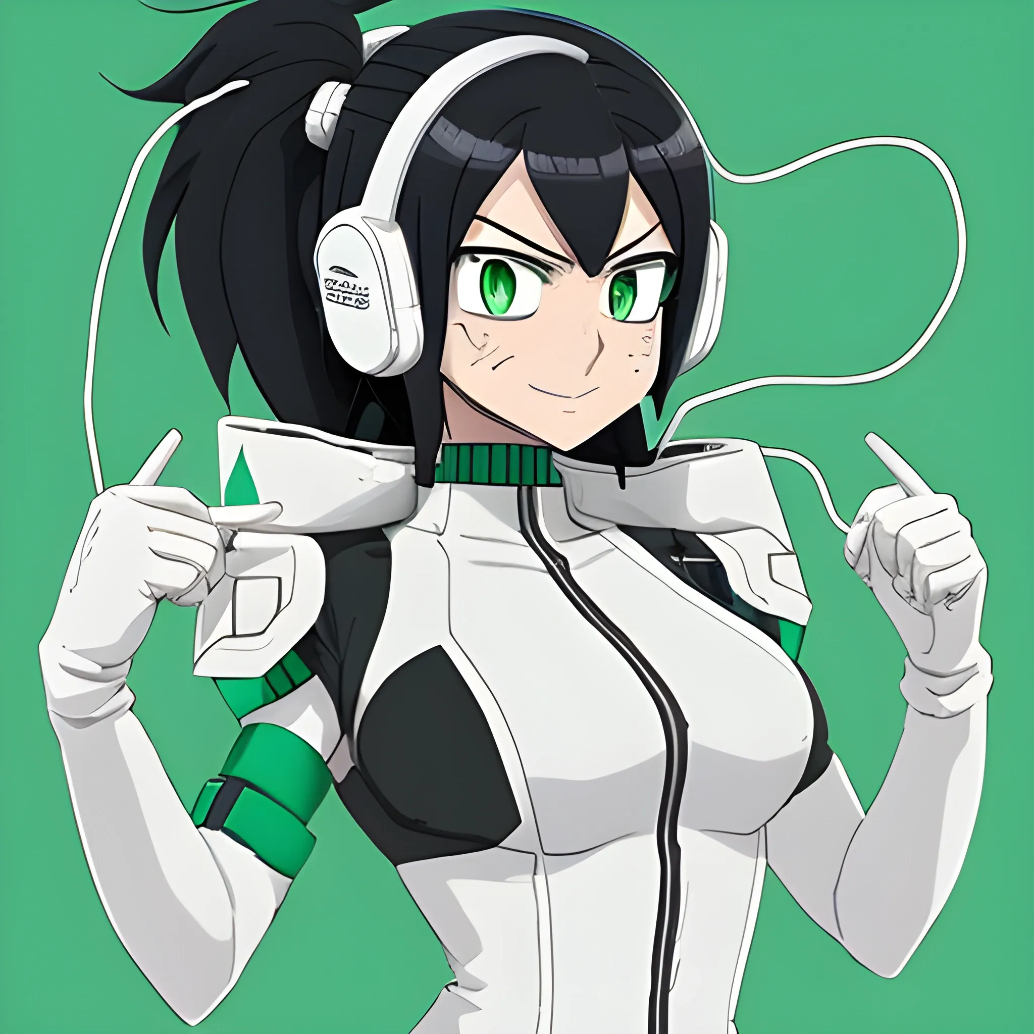 A MHA oc that has black hair tied into a brais, green eyes, is fairly tall with a slight bust, and wears a sporty hero suit with white gloves and headphones with wires sticking out of em, all of which are compatible with her air manipulation quirk
, Cartoon