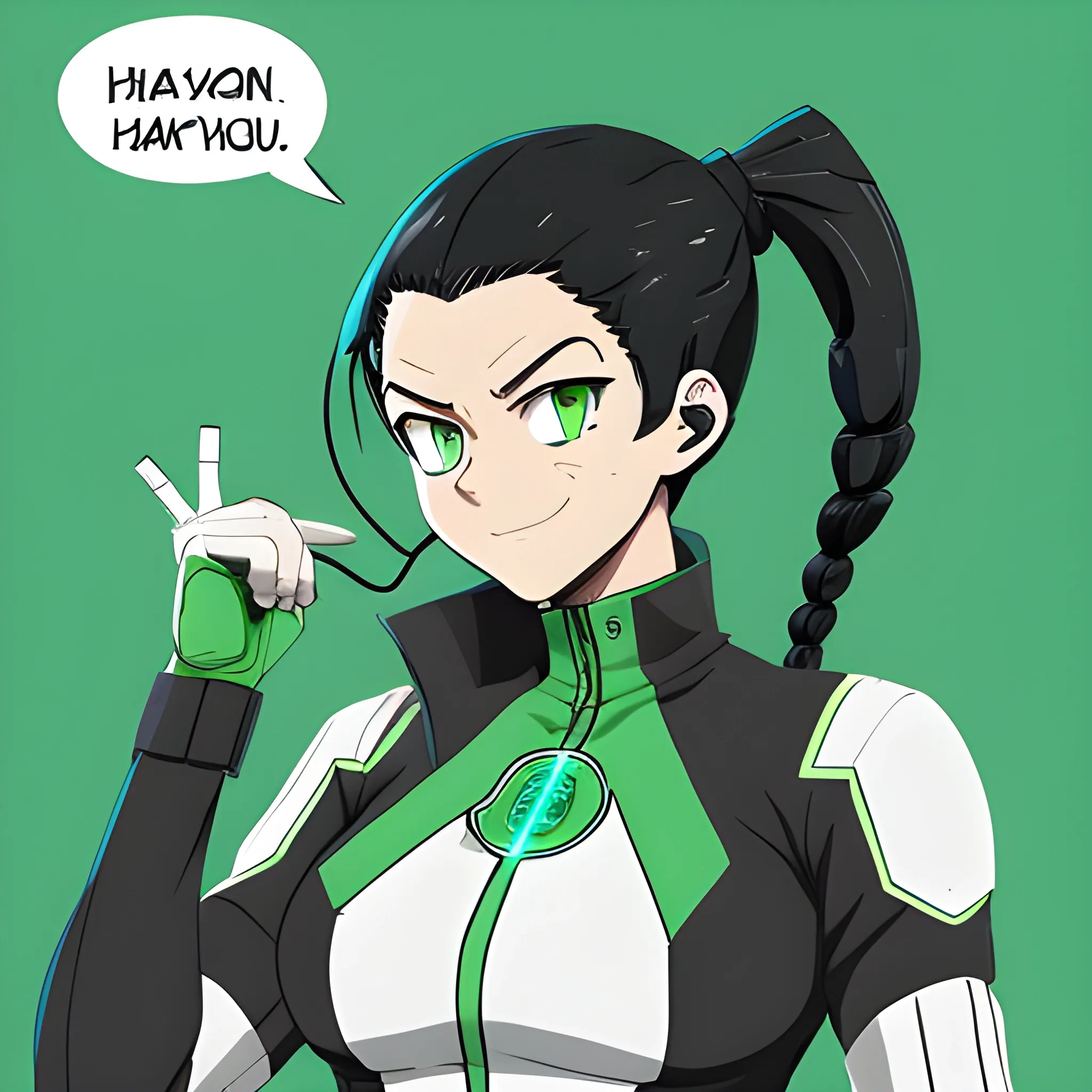 A MHA oc that has black hair tied into a braid, green eyes, is fairly tall with a slight bust, and wears a sporty hero suit with white gloves and headphones with wires sticking out of em, all of which are compatible with her air manipulation quirk
, Cartoon