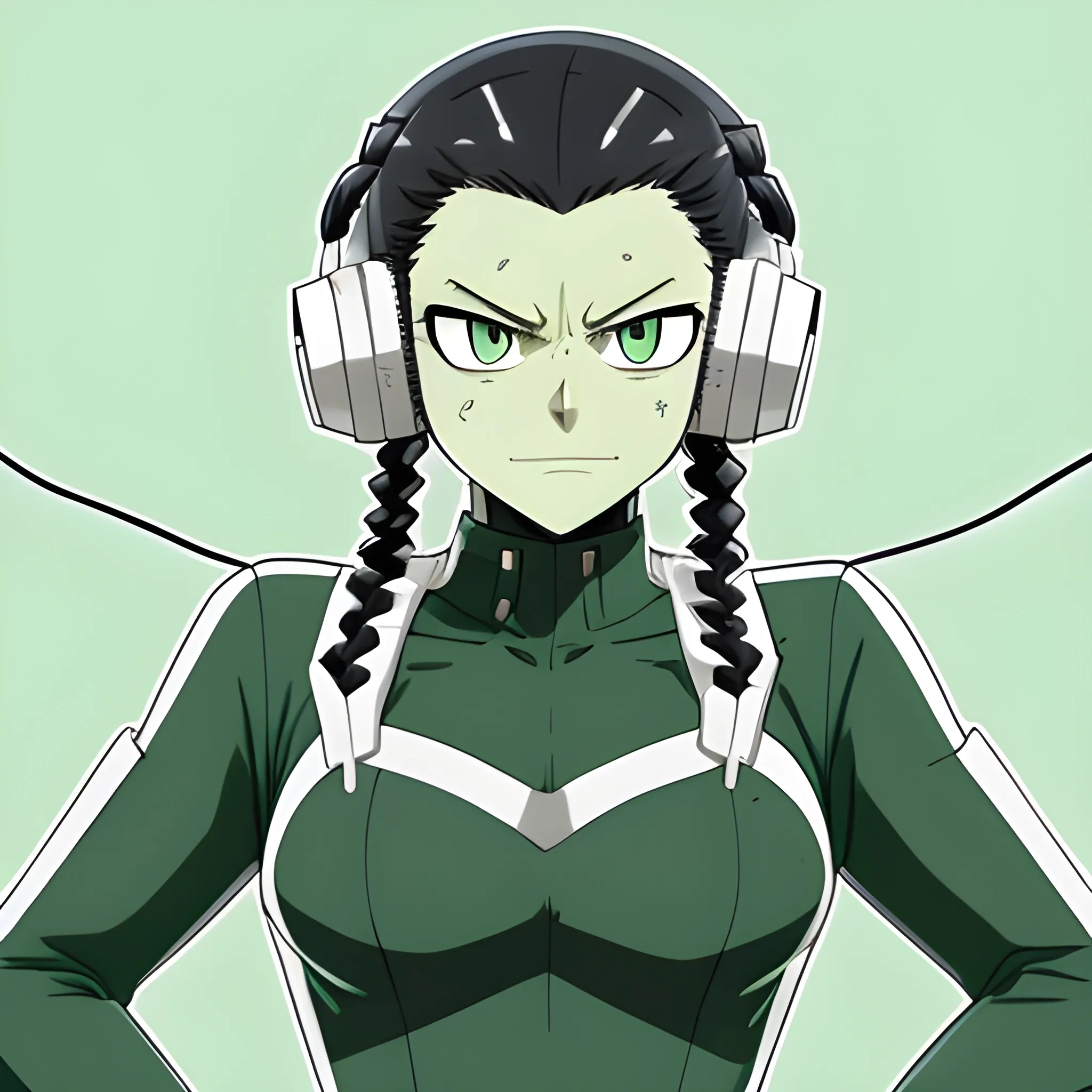 A MHA oc that has black hair tied into a low braid, green eyes, is fairly tall with a slight bust, and wears a slim hero suit with white gloves and headphones with wires sticking out of em, all of which are compatible with her air manipulation quirk
, Cartoon