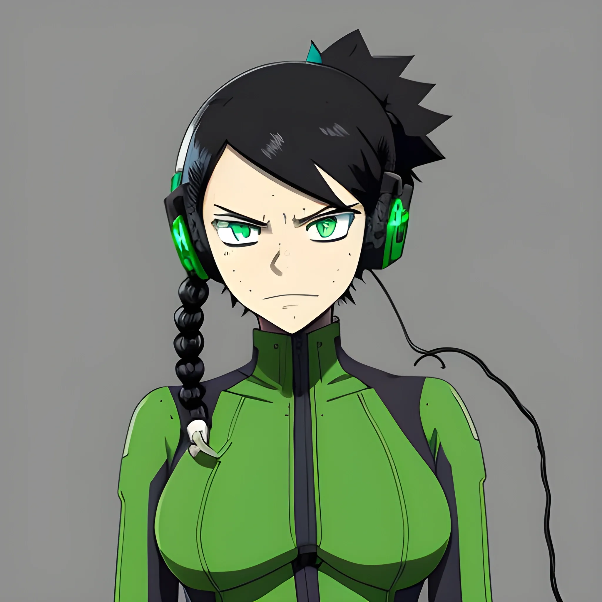 A MHA oc that has black hair tied into a low braid, green eyes ...