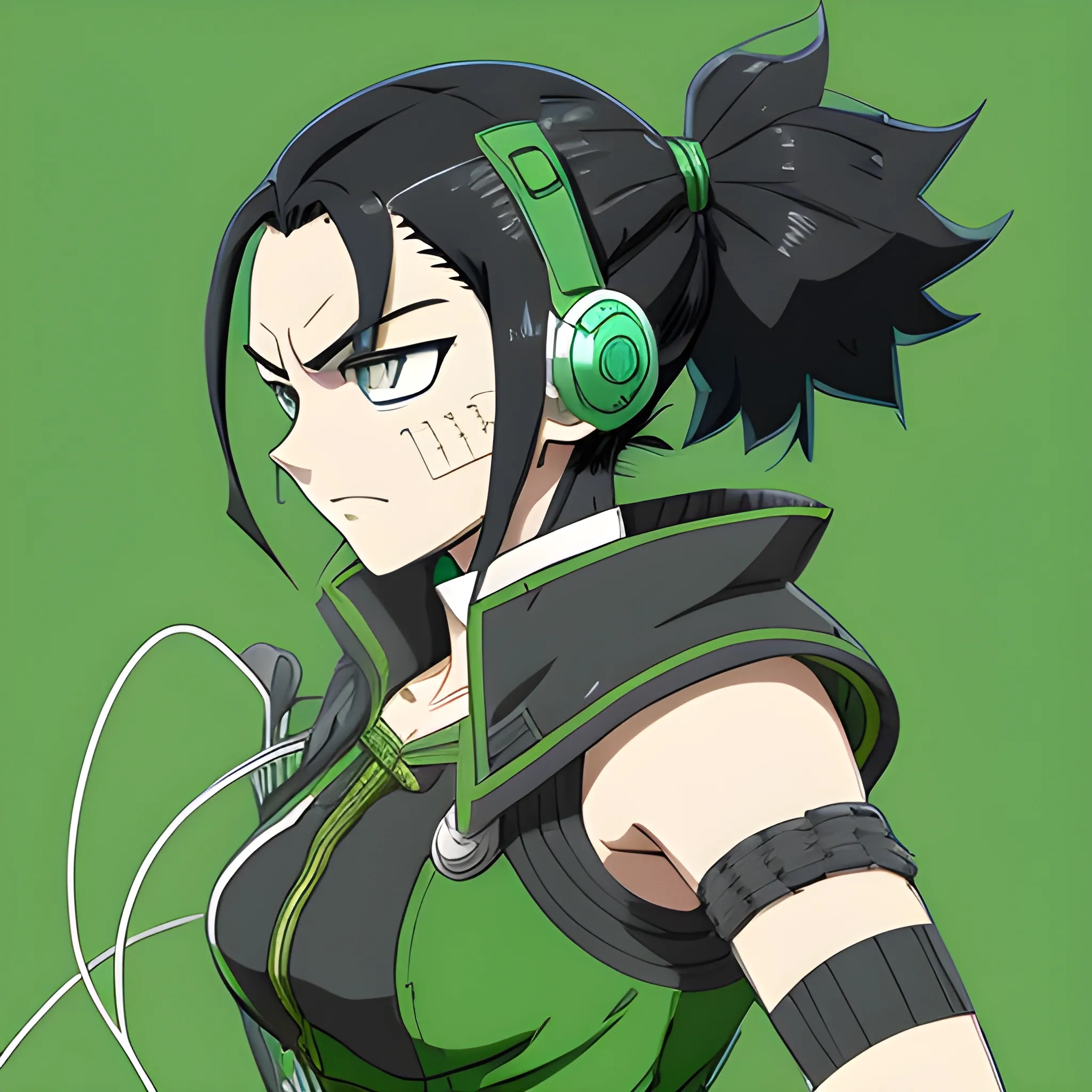 A MHA oc that has black hair tied into a low braid, green eyes, is fairly tall with a slight bust, and wears a armored and flow hero suit with white gloves and headphones with wires sticking out of em, all of which are compatible with her air manipulation quirk
, Cartoon