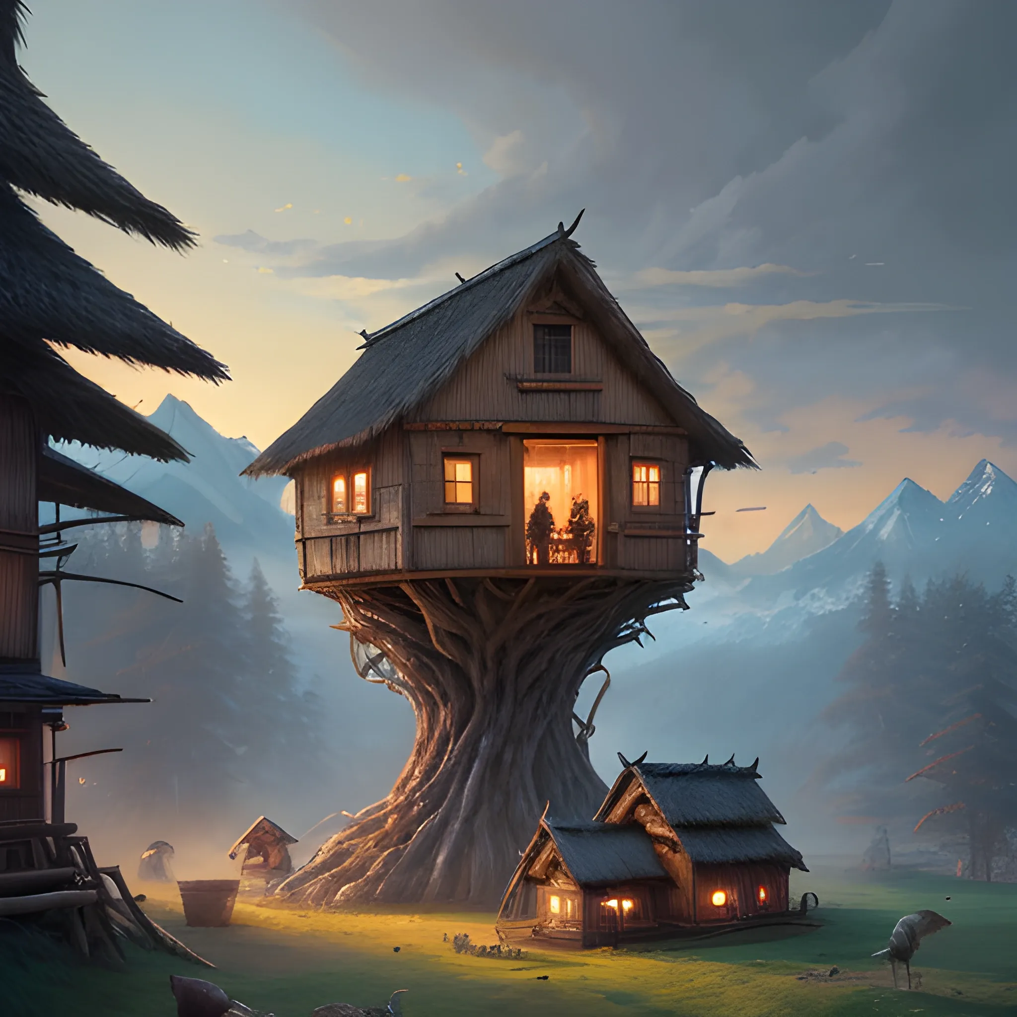 an awesome twilight day concept art of old hut standing at giant hen's legs, by kengo kuma and wes anderson with village, mixed development, cgsociety, fantastic realism, artstation hq , Oil Painting