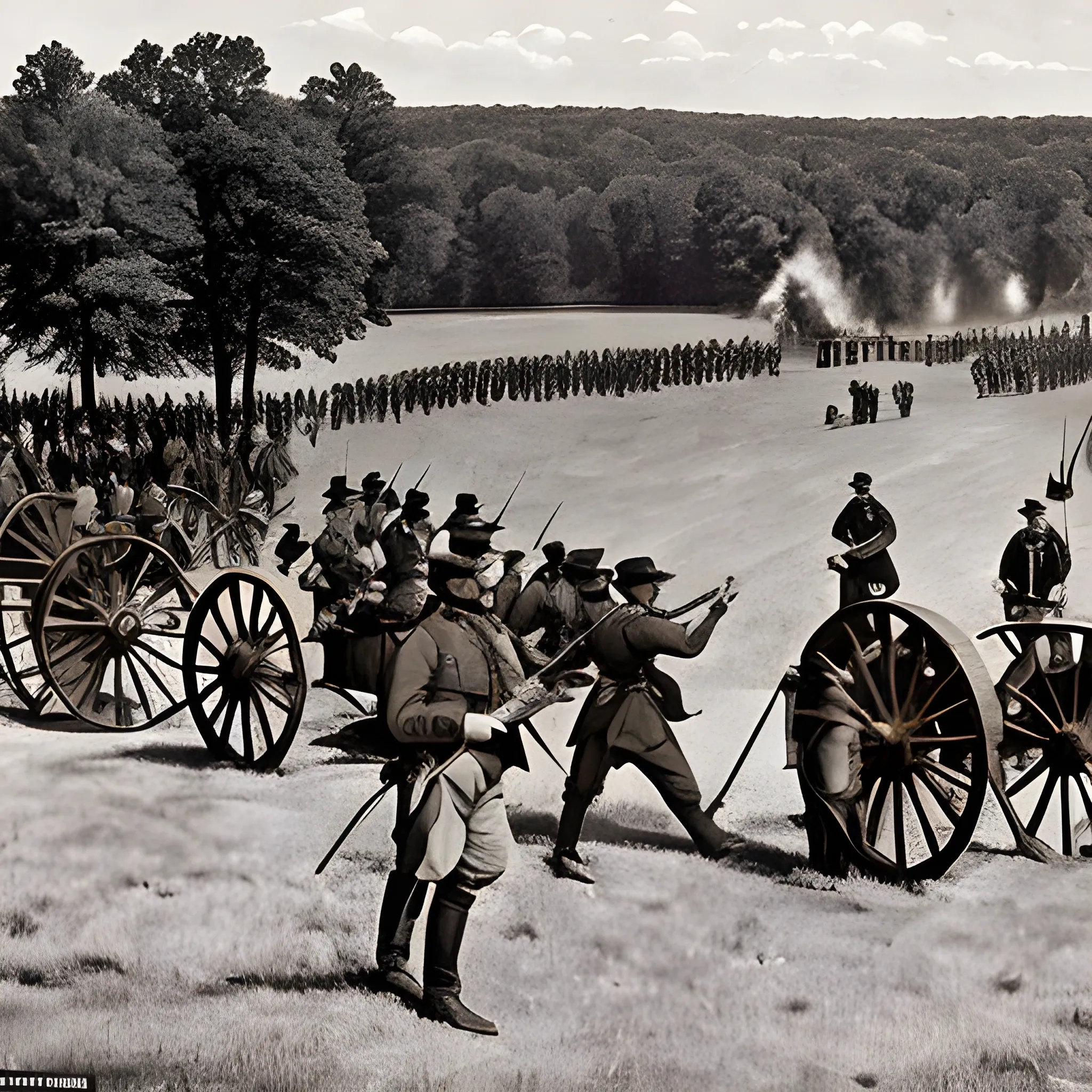 Gettysburg battlefield, American Civil War, Union army, Confederate army, intense combat, historical uniforms, smoke, cannons, muskets, Pennsylvania landscape, 19th century, turning point, North's victory, soldiers in action, war-torn landscape, no deformities or missing limbs