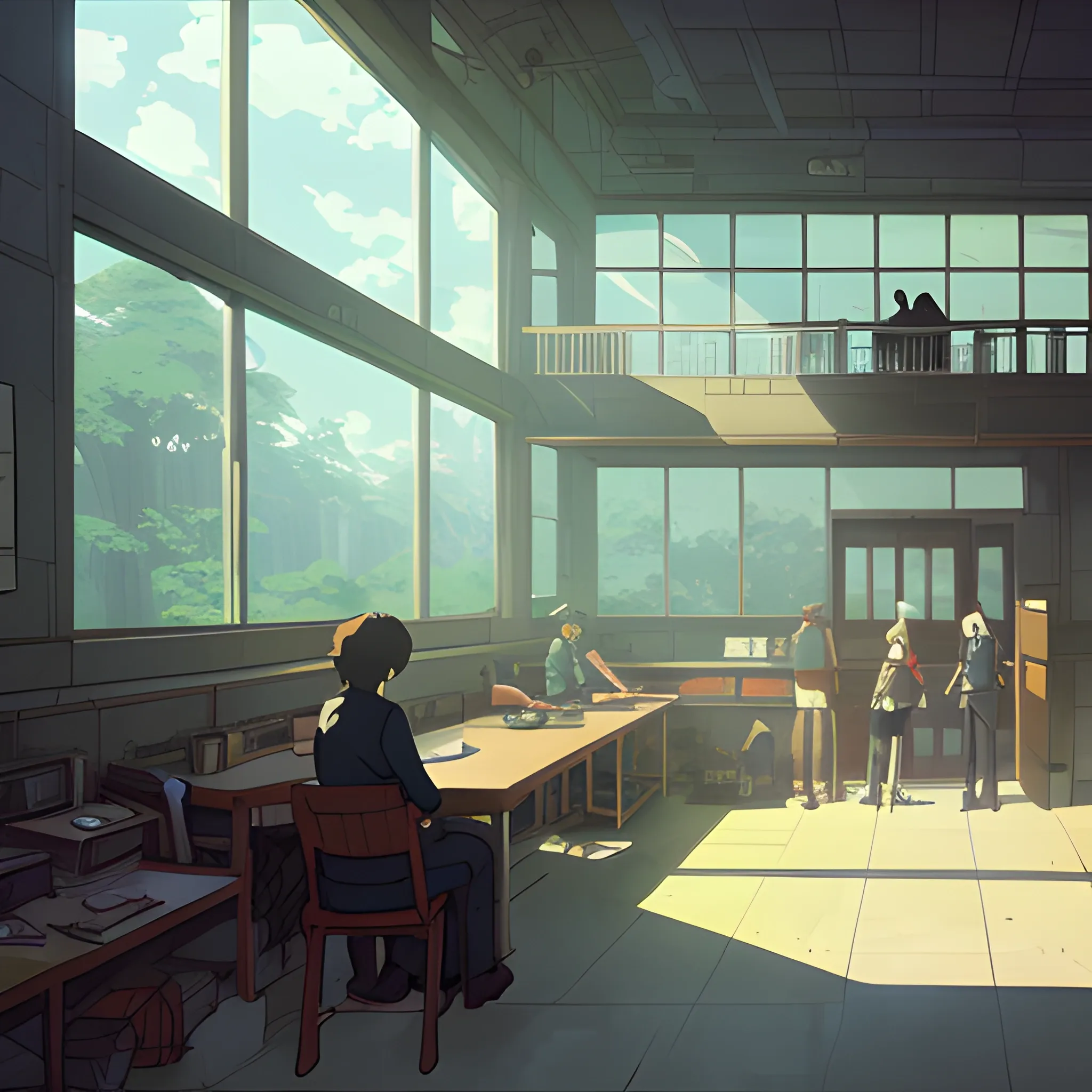 university interior... in the style of makoto shinkai and greg rutkowski and albert bierstadt and james gurney, Cartoon