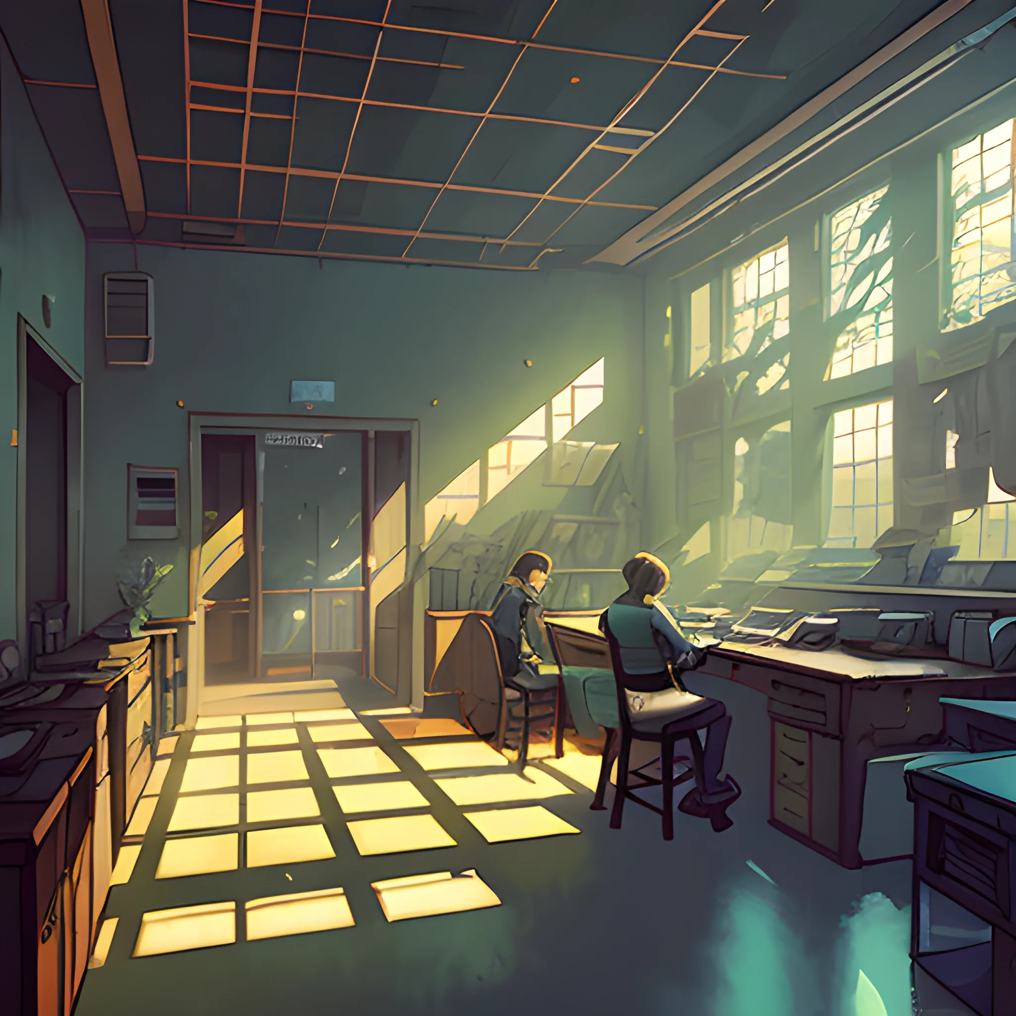 university interior... in the style of makoto shinkai and greg rutkowski and albert bierstadt and james gurney, Cartoon