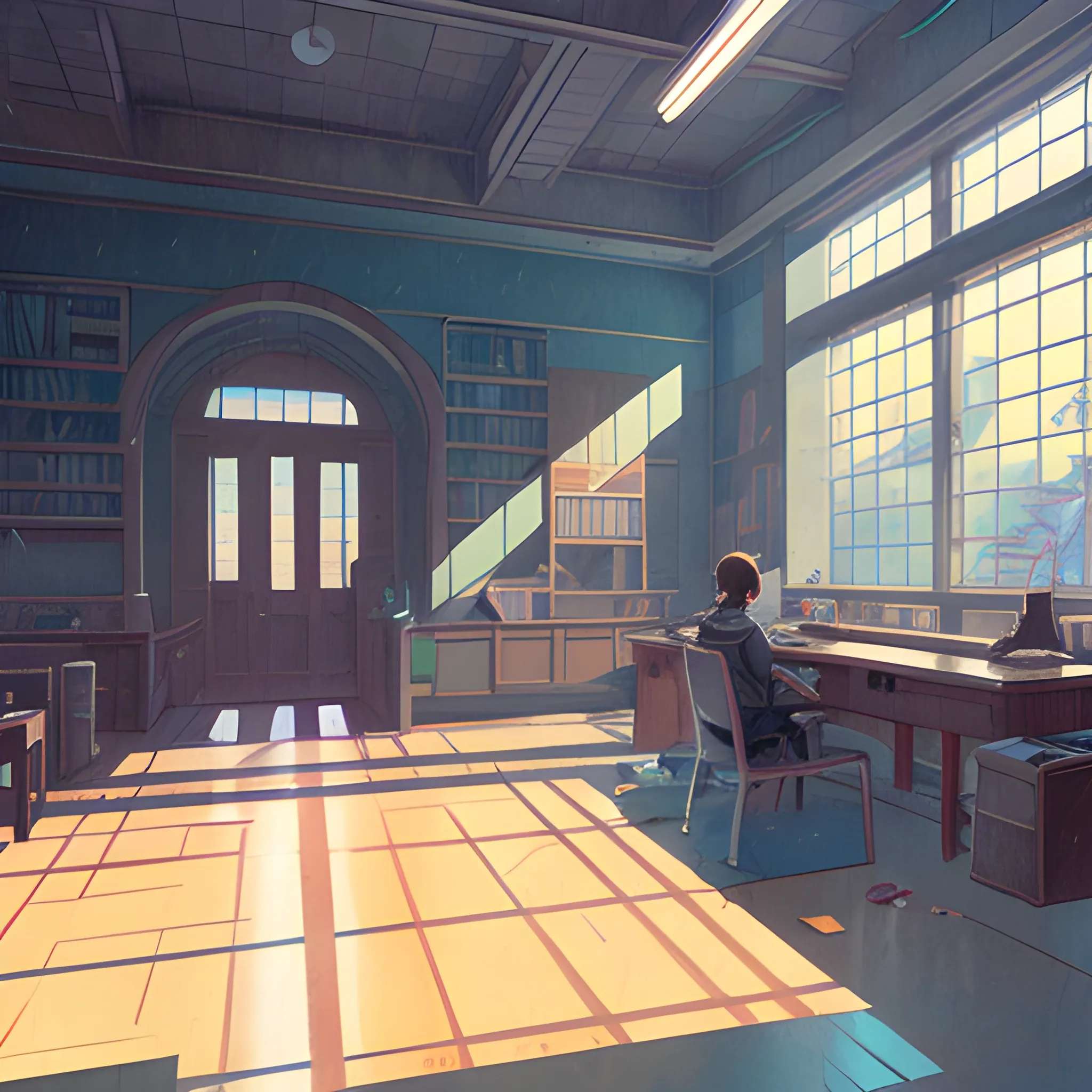 university interior... in the style of makoto shinkai and greg rutkowski and albert bierstadt and james gurney, Cartoon