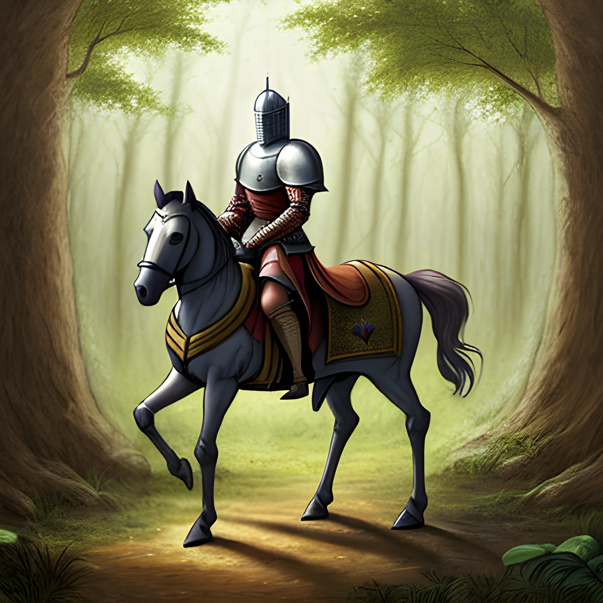 A knight without a horse. Standing in a forest. Cartoon