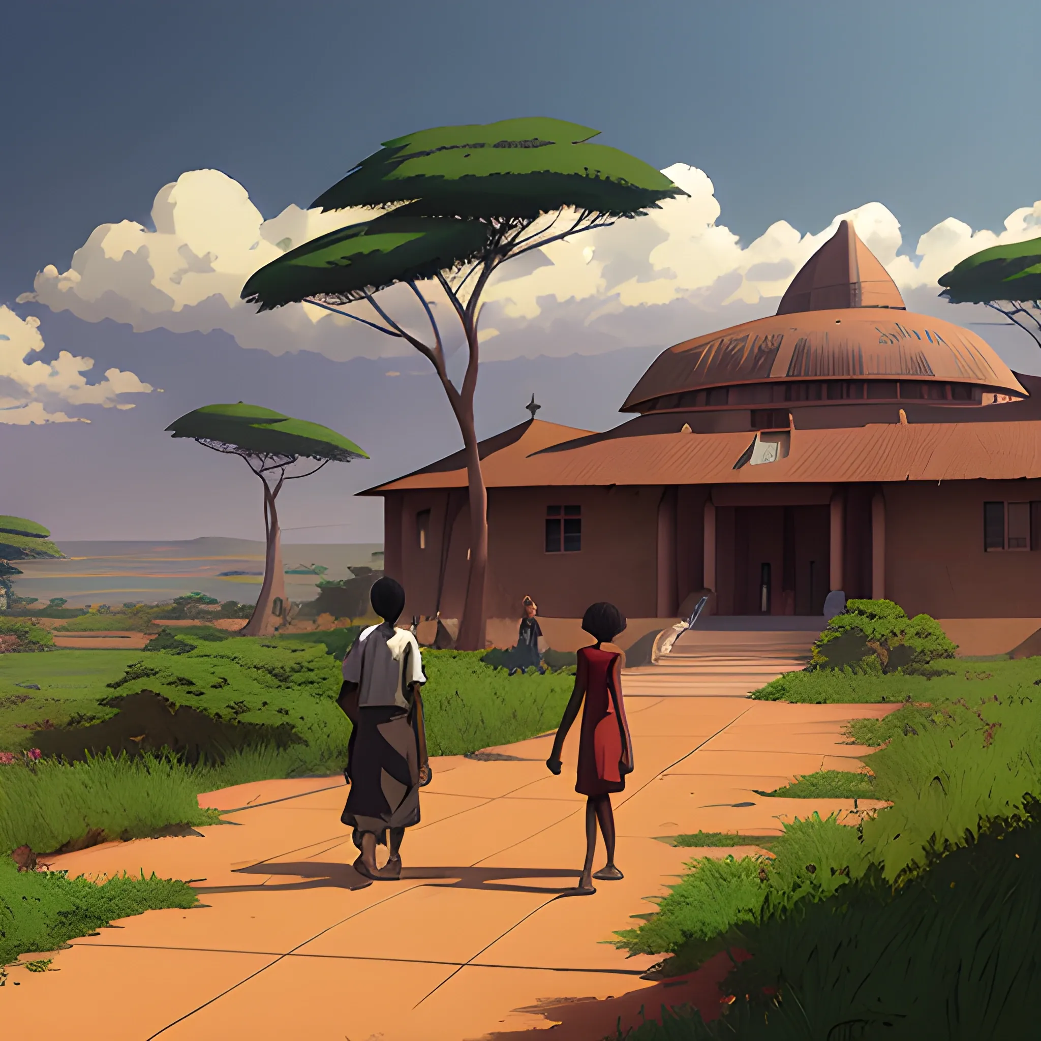 african university... in the style of makoto shinkai and greg rutkowski and albert bierstadt and james gurney, Cartoon