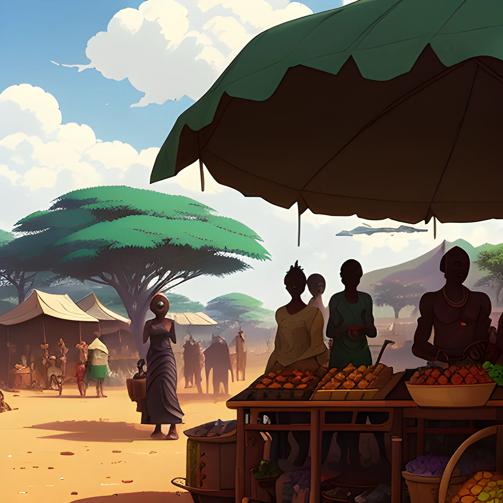 african market... in the style of makoto shinkai and greg rutkowski and albert bierstadt and james gurney, Cartoon