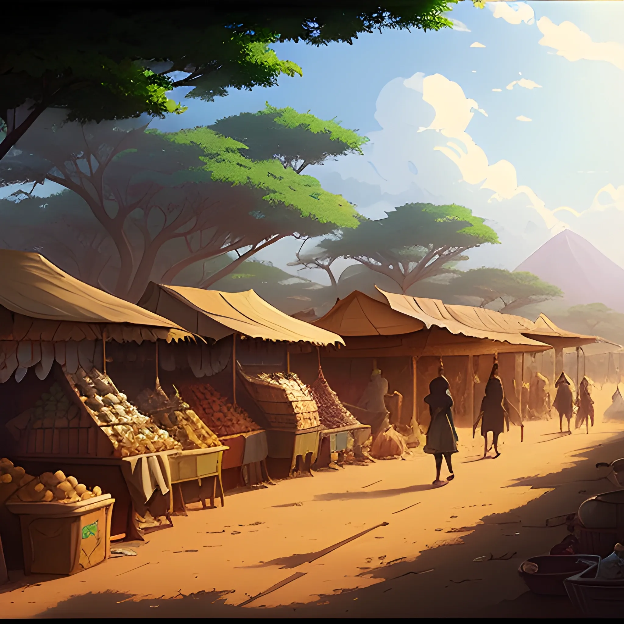 african market... in the style of makoto shinkai and greg rutkowski and albert bierstadt and james gurney, Cartoon