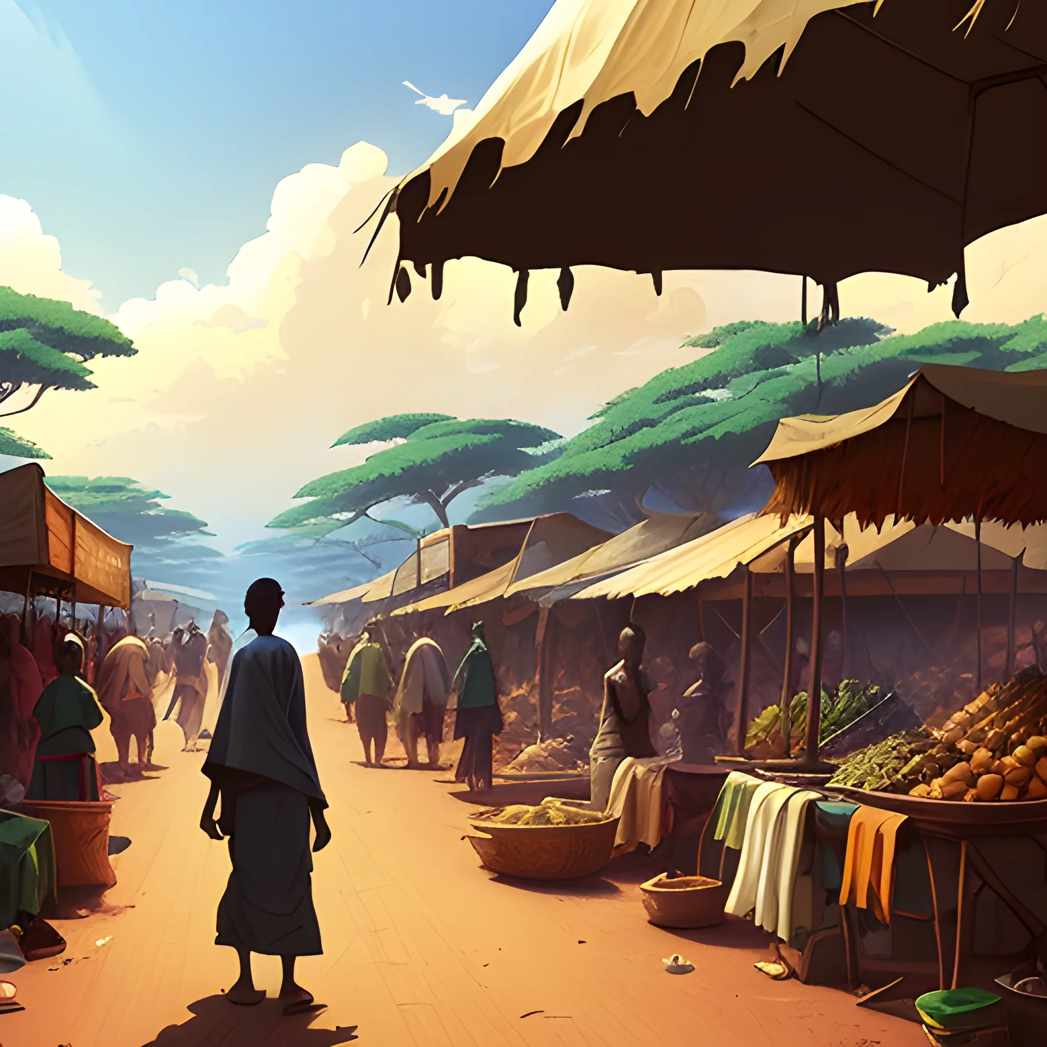 african market... in the style of makoto shinkai and greg rutkowski and albert bierstadt and james gurney, Cartoon