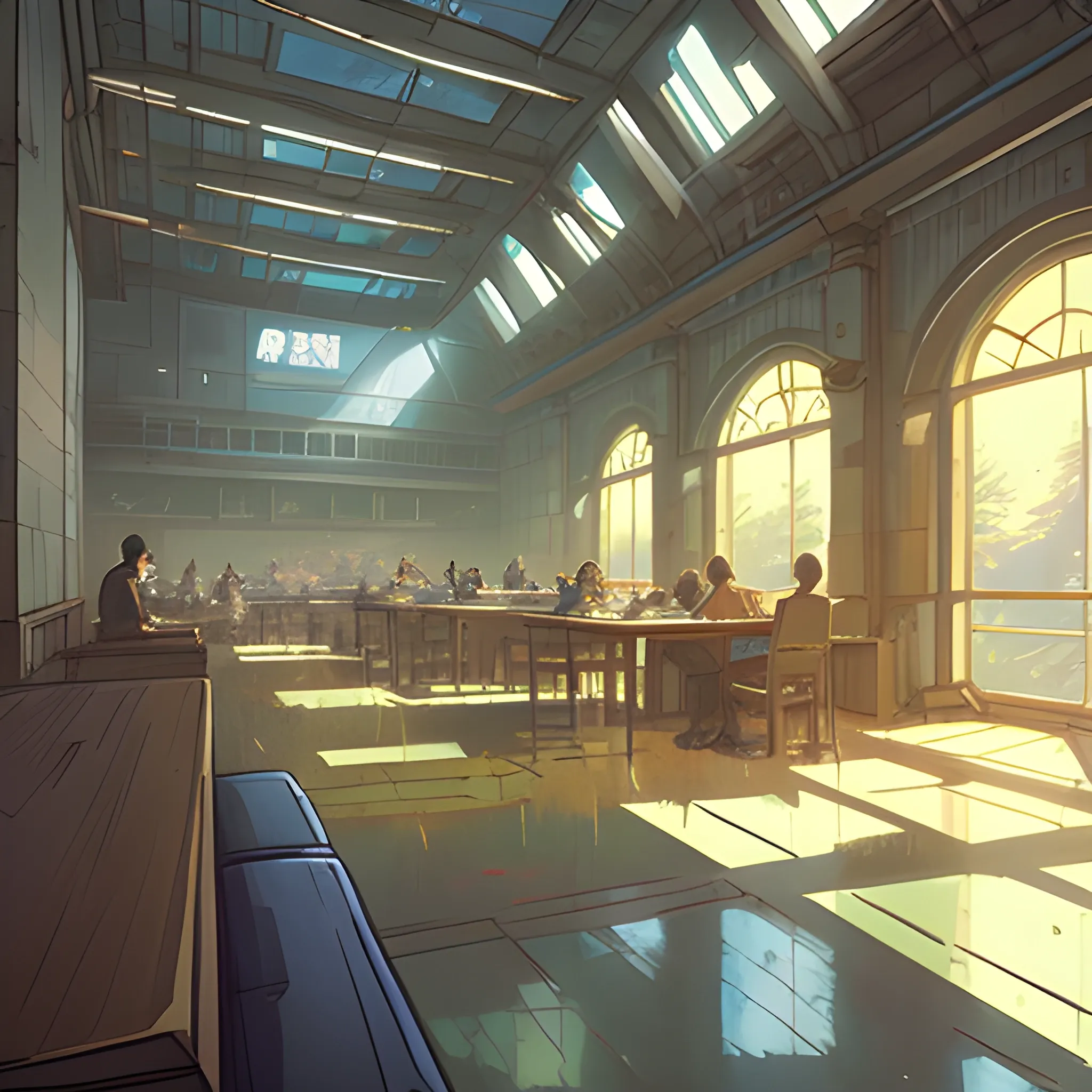 university interior... in the style of makoto shinkai and greg rutkowski and albert bierstadt and james gurney, Cartoon