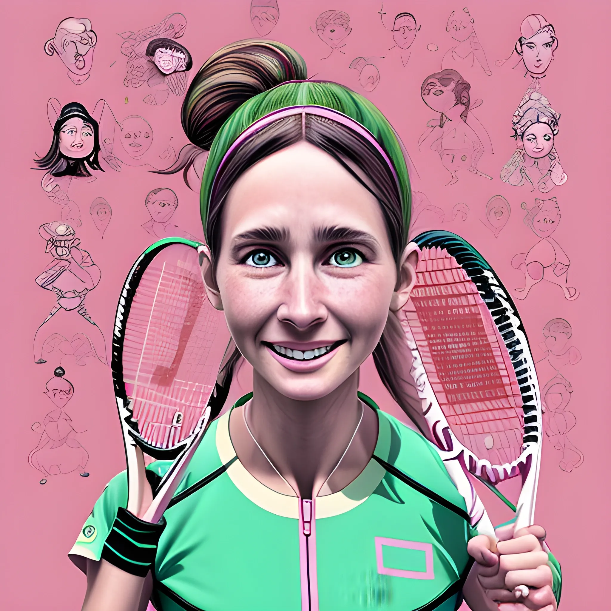 Woman, in the style of playful cartoon illustrations, tennis art, realistic and hyper-detailed renderings, interactive media, realistic, detailed rendering, joyful chaos