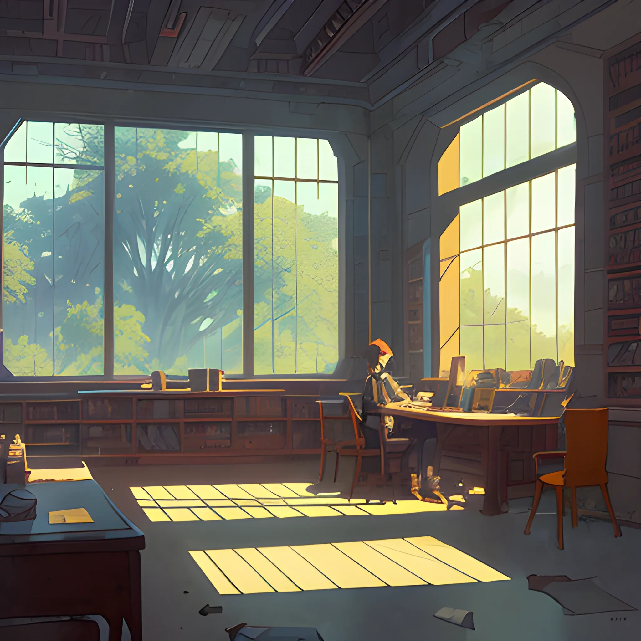 university interior... in the style of makoto shinkai and greg rutkowski and albert bierstadt and james gurney, Cartoon