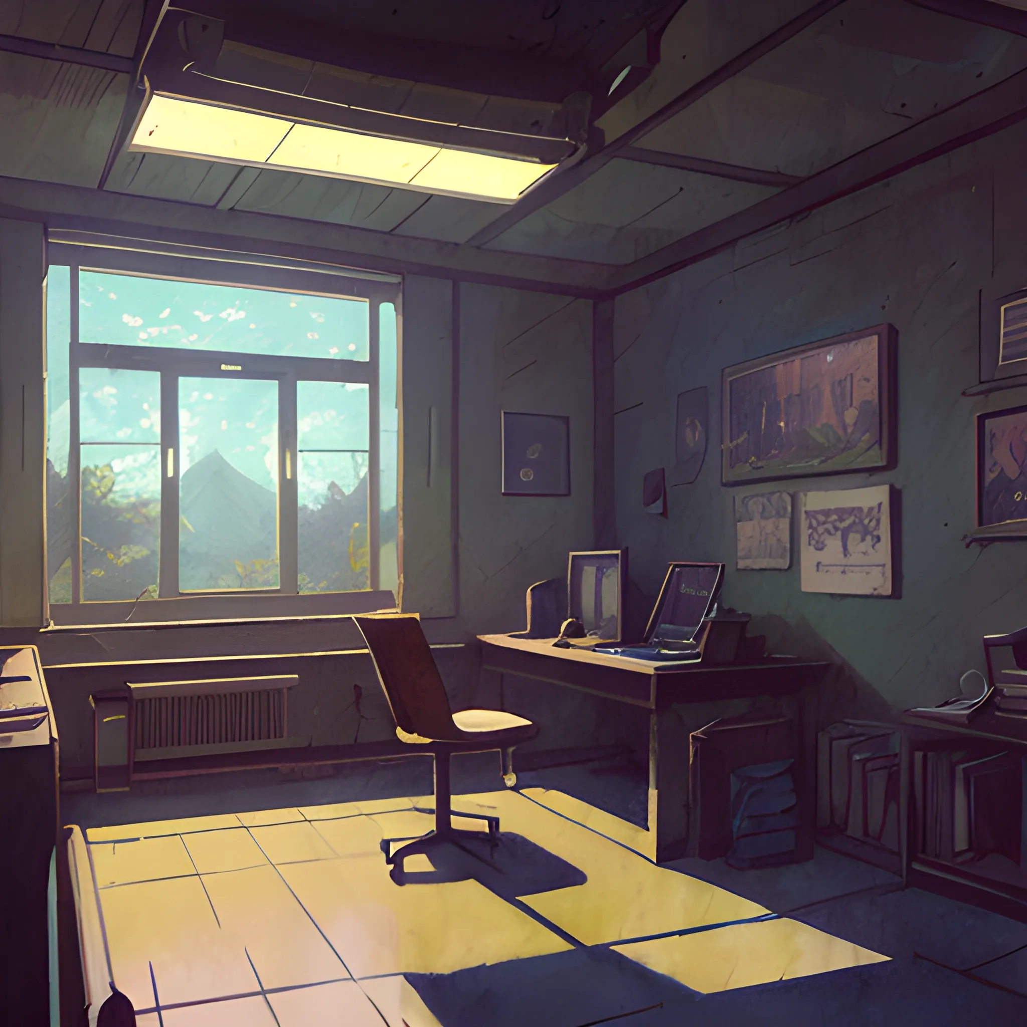 university interior... in the style of makoto shinkai and greg rutkowski and albert bierstadt and james gurney, Cartoon