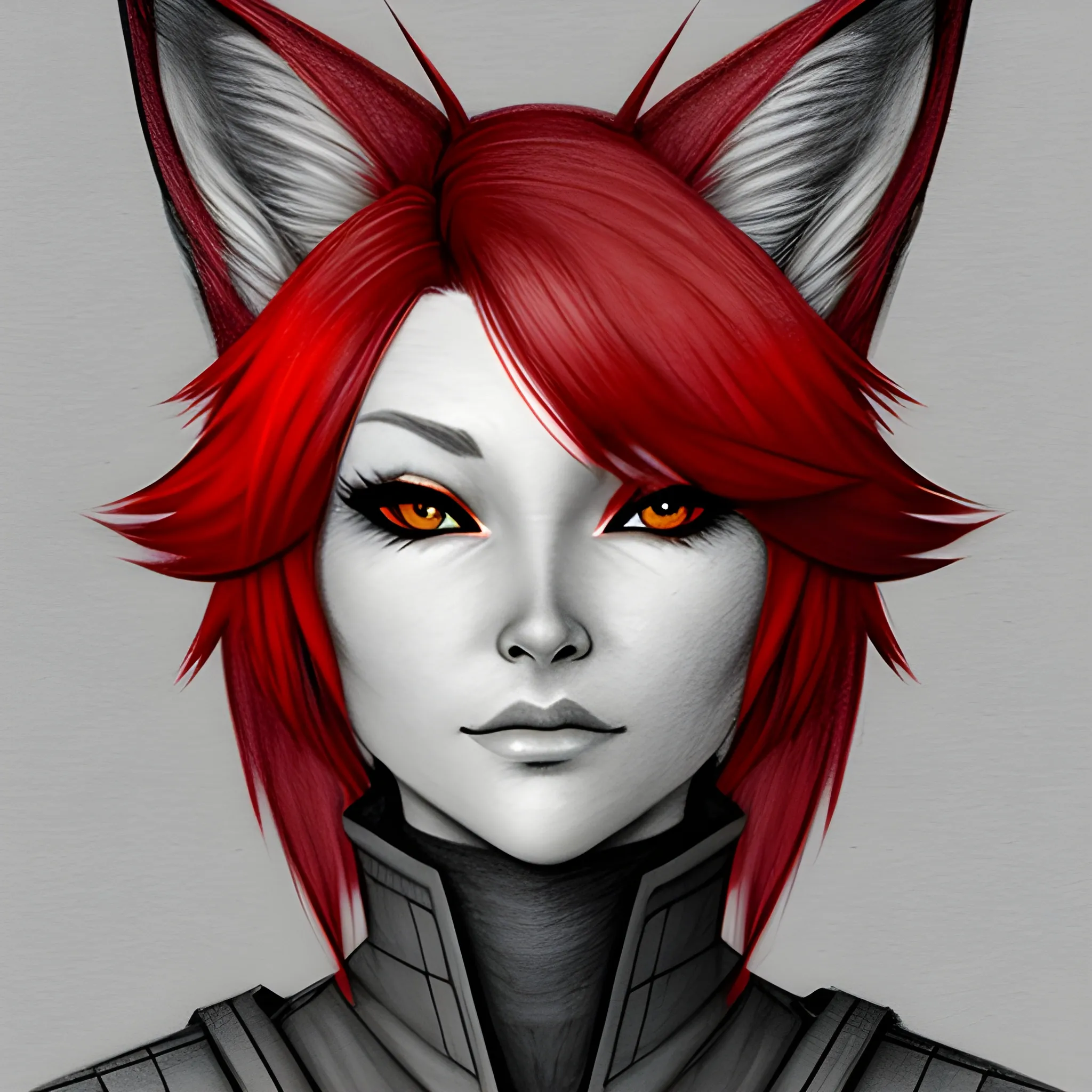 furry, grey fox, red hair, gaming, Pencil Sketch