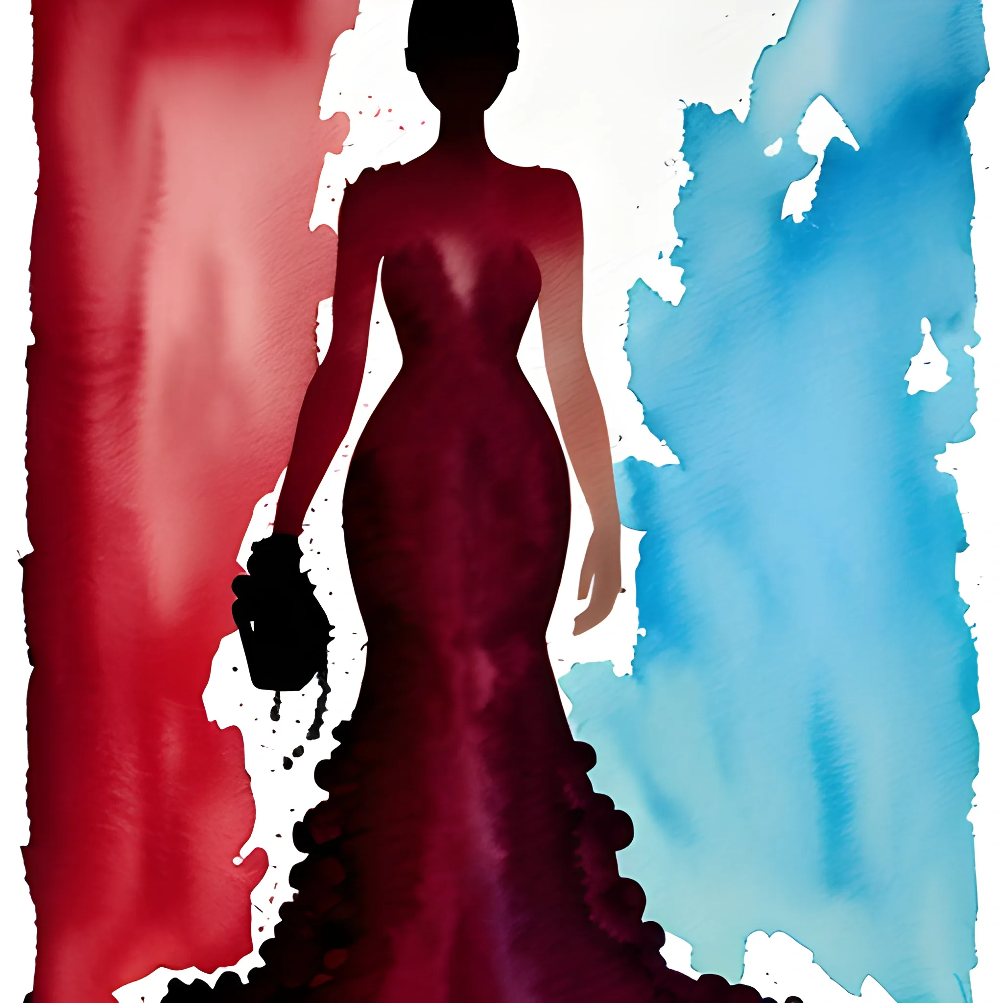 full body silhouette with dress, woman, composed of drops of red wine, extremely high quality, Water Color