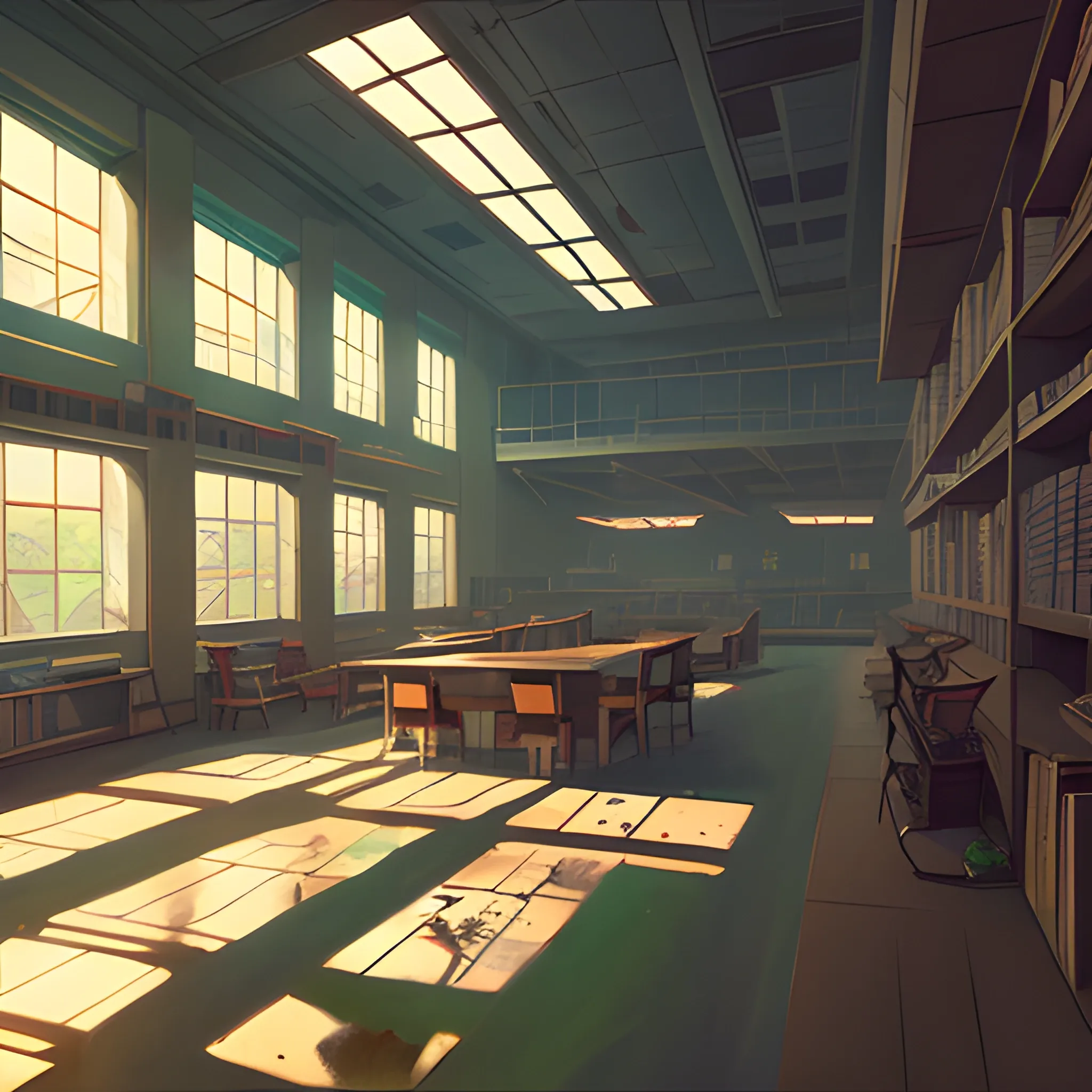 university interior... in the style of makoto shinkai and greg rutkowski and albert bierstadt and james gurney, Cartoon