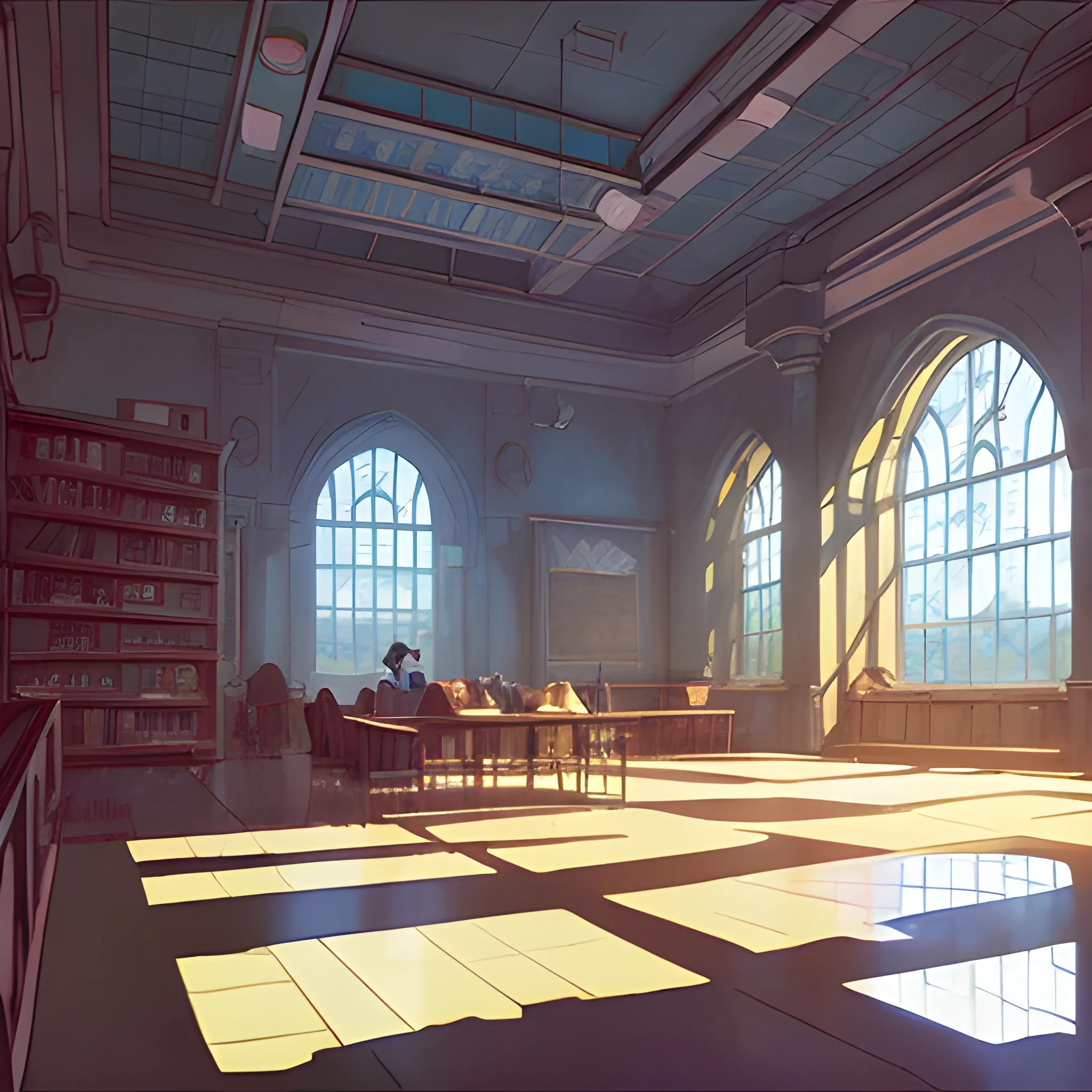 university interior... in the style of makoto shinkai and greg rutkowski and albert bierstadt and james gurney, Cartoon