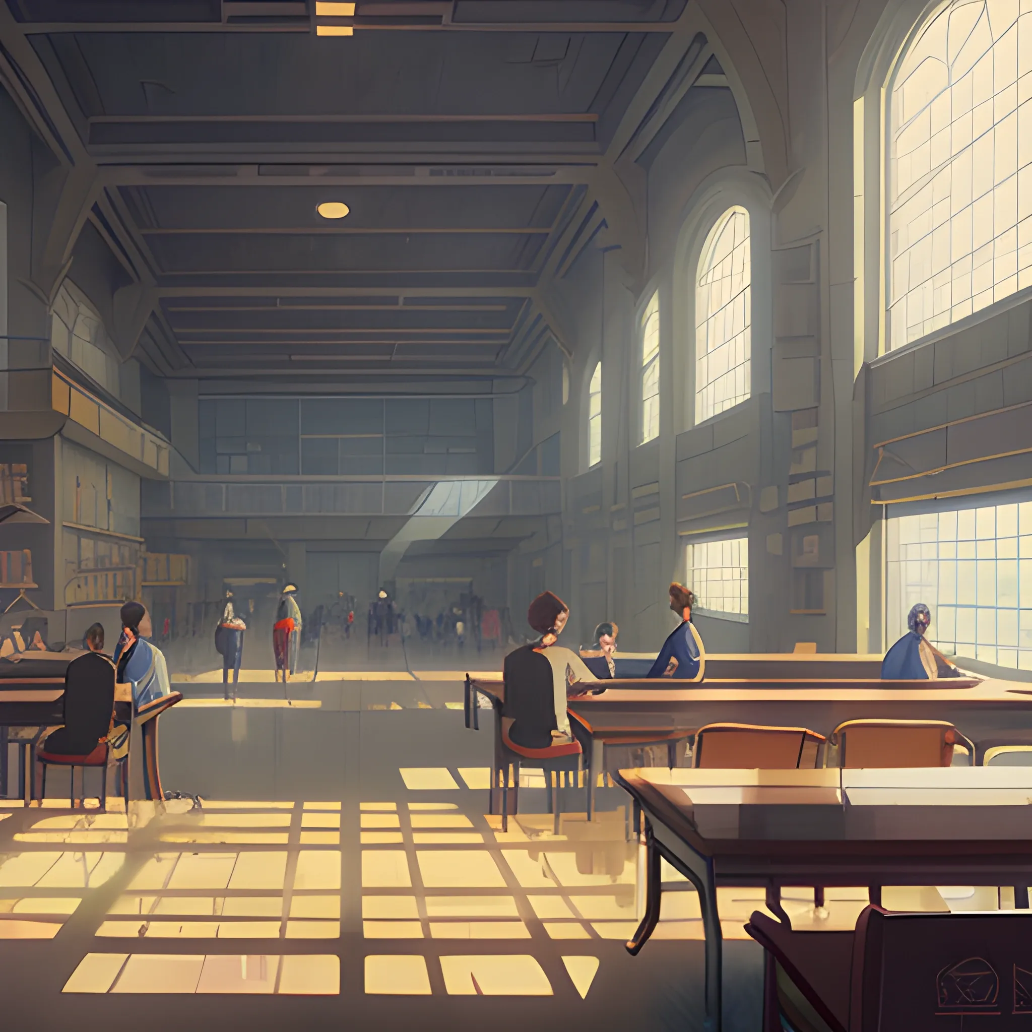 university interior... in the style of makoto shinkai and greg rutkowski and albert bierstadt and james gurney, Cartoon