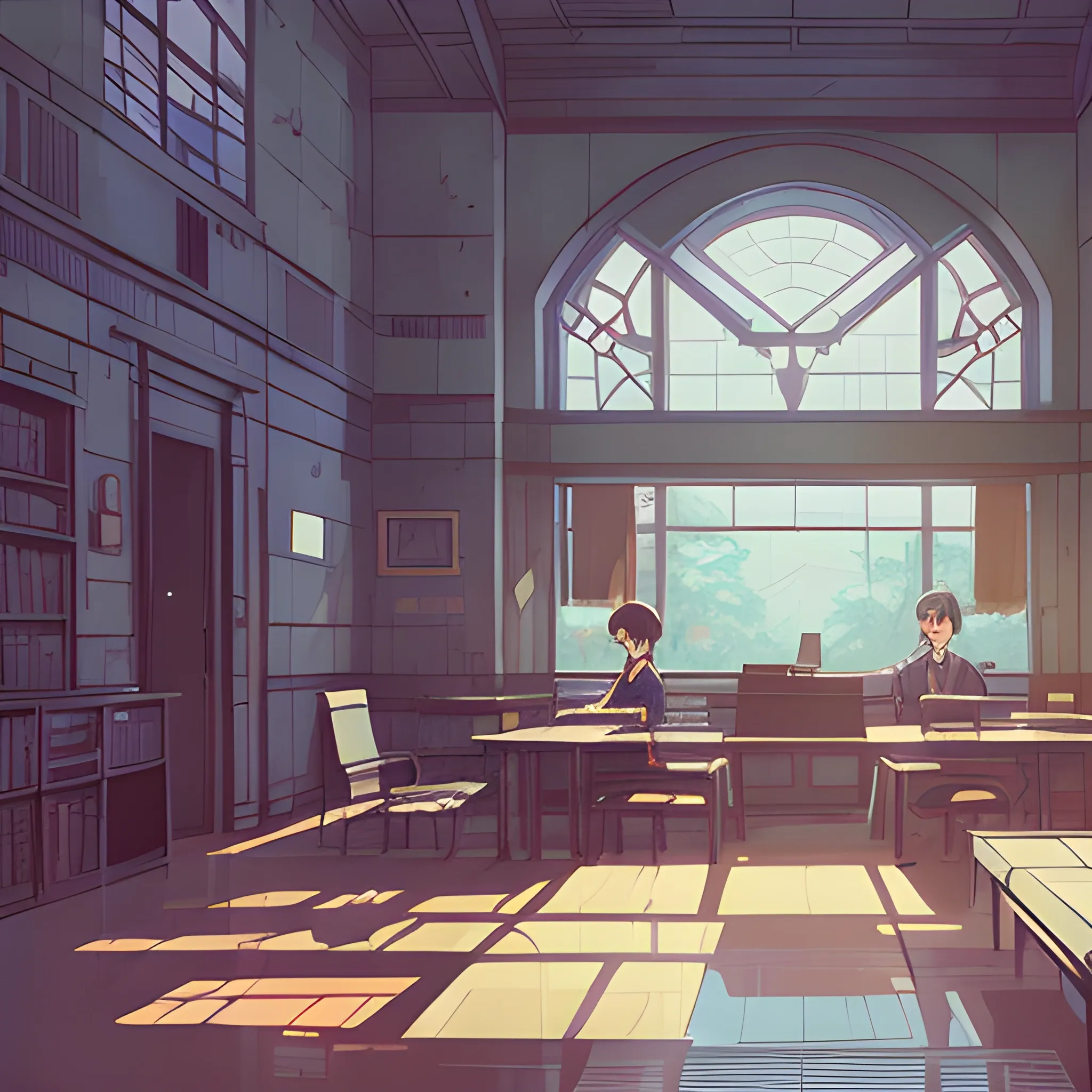 university interior... in the style of makoto shinkai and greg rutkowski and albert bierstadt and james gurney, Cartoon