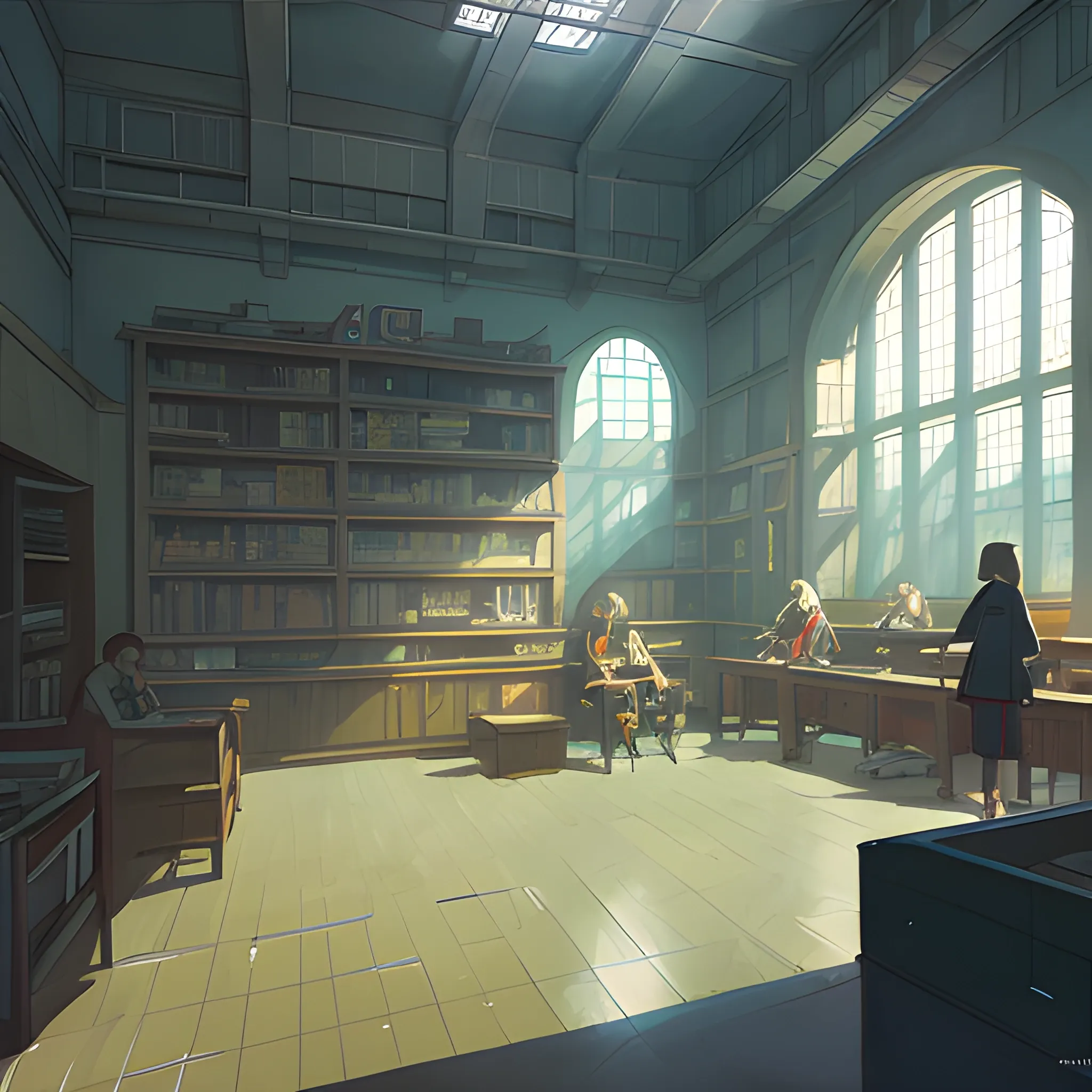 university interior... in the style of makoto shinkai and greg rutkowski and albert bierstadt and james gurney, Cartoon