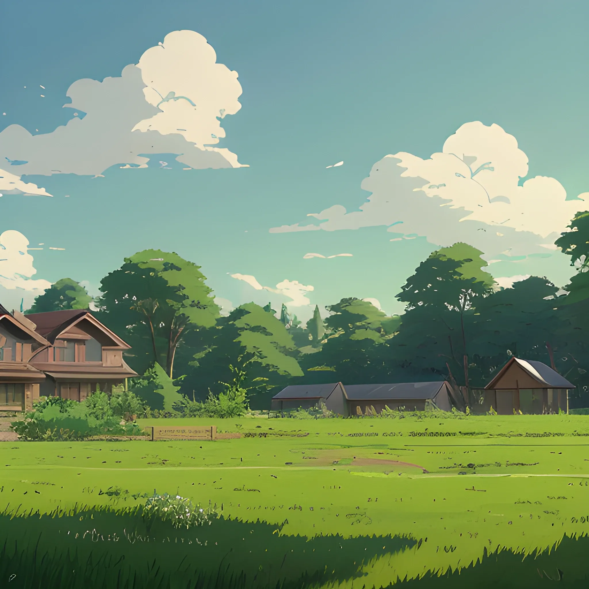 large yard with greenery, grasses and some houses in the distance... in the style of makoto shinkai and greg rutkowski and albert bierstadt and james gurney, Cartoon