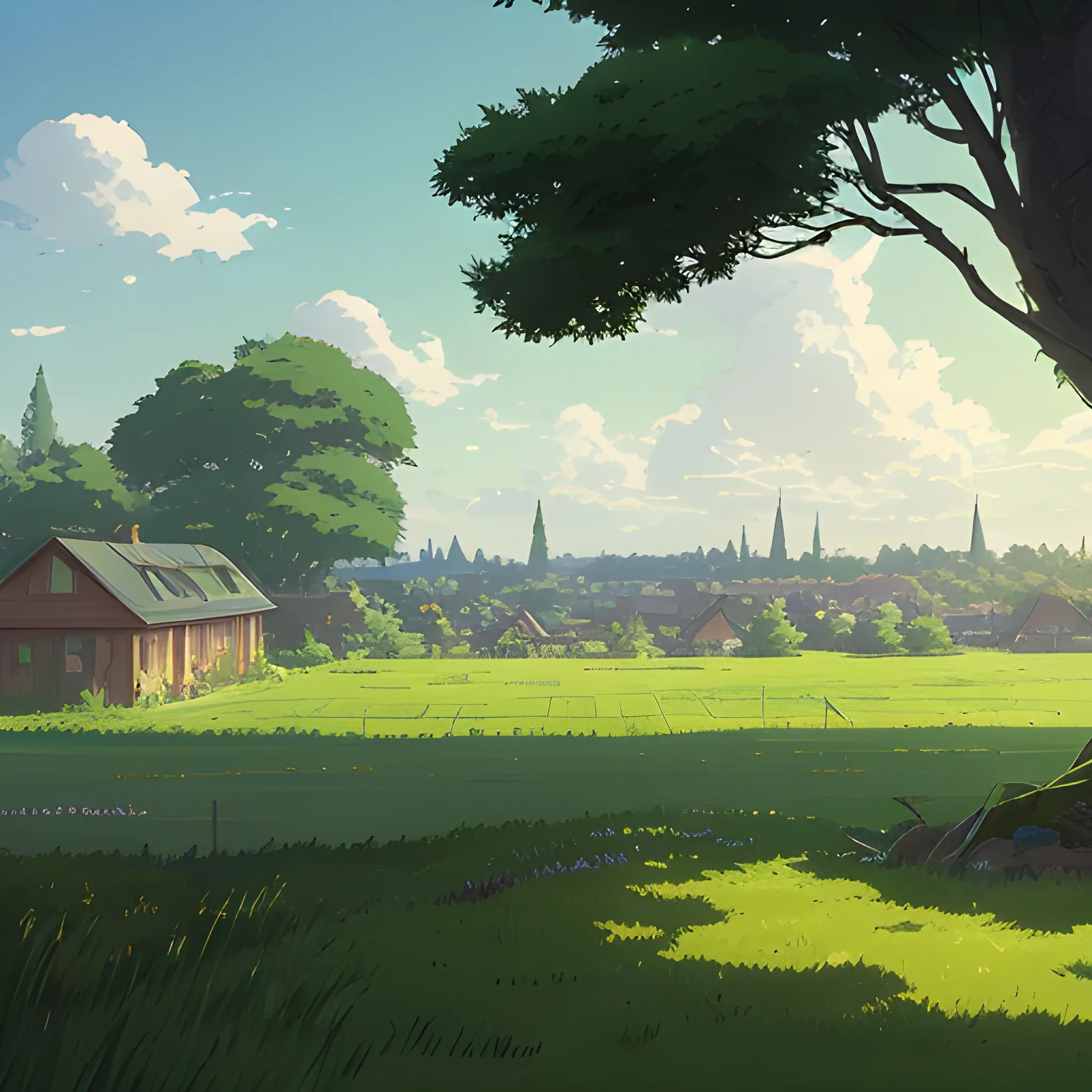 large yard with greenery, grasses and some houses in the distance... in the style of makoto shinkai and greg rutkowski and albert bierstadt and james gurney, Cartoon