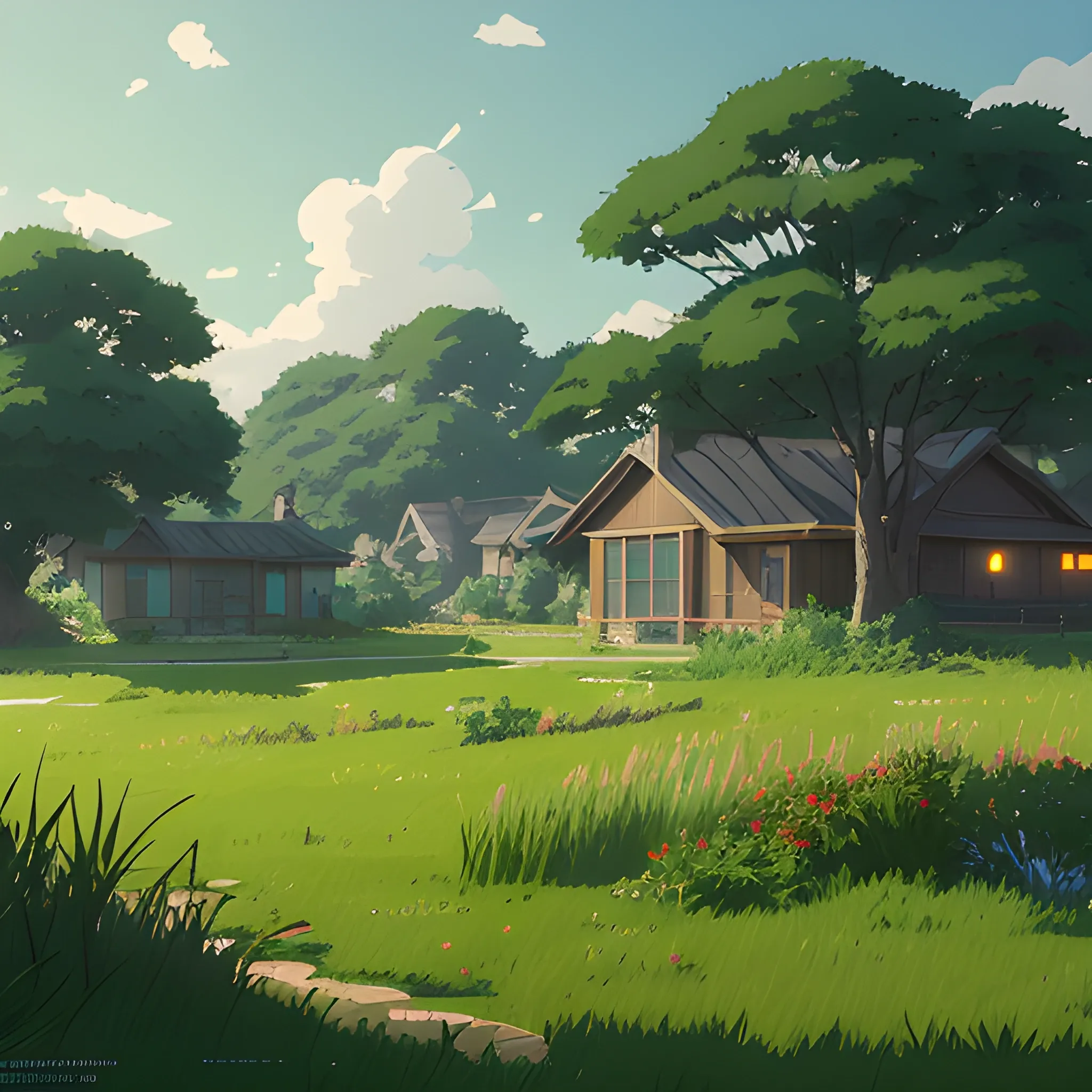 large yard with greenery, grasses and some houses in the distance... in the style of makoto shinkai and greg rutkowski and albert bierstadt and james gurney, Cartoon