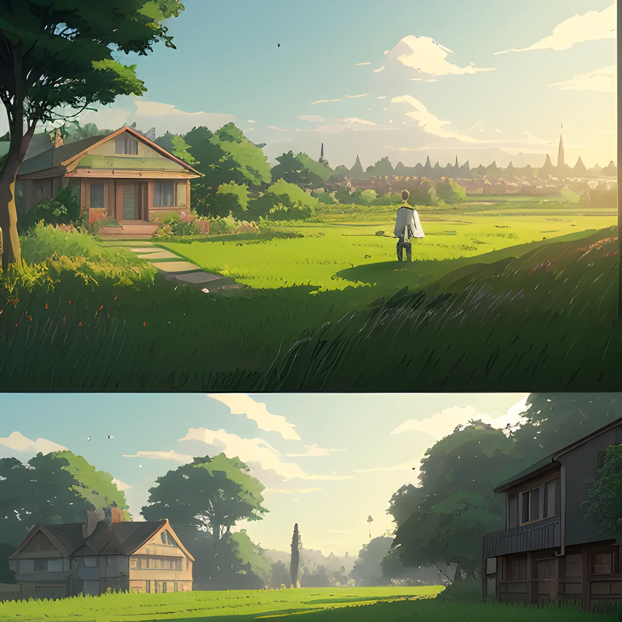 large yard with greenery, grasses and some houses in the distance... in the style of makoto shinkai and greg rutkowski and albert bierstadt and james gurney, Cartoon