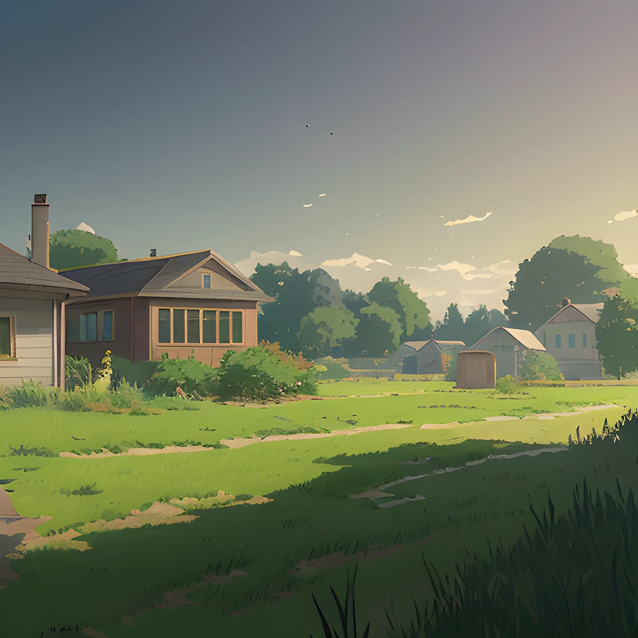 large yard with greenery, grasses and some houses in the distance... in the style of makoto shinkai and greg rutkowski and albert bierstadt and james gurney, Cartoon