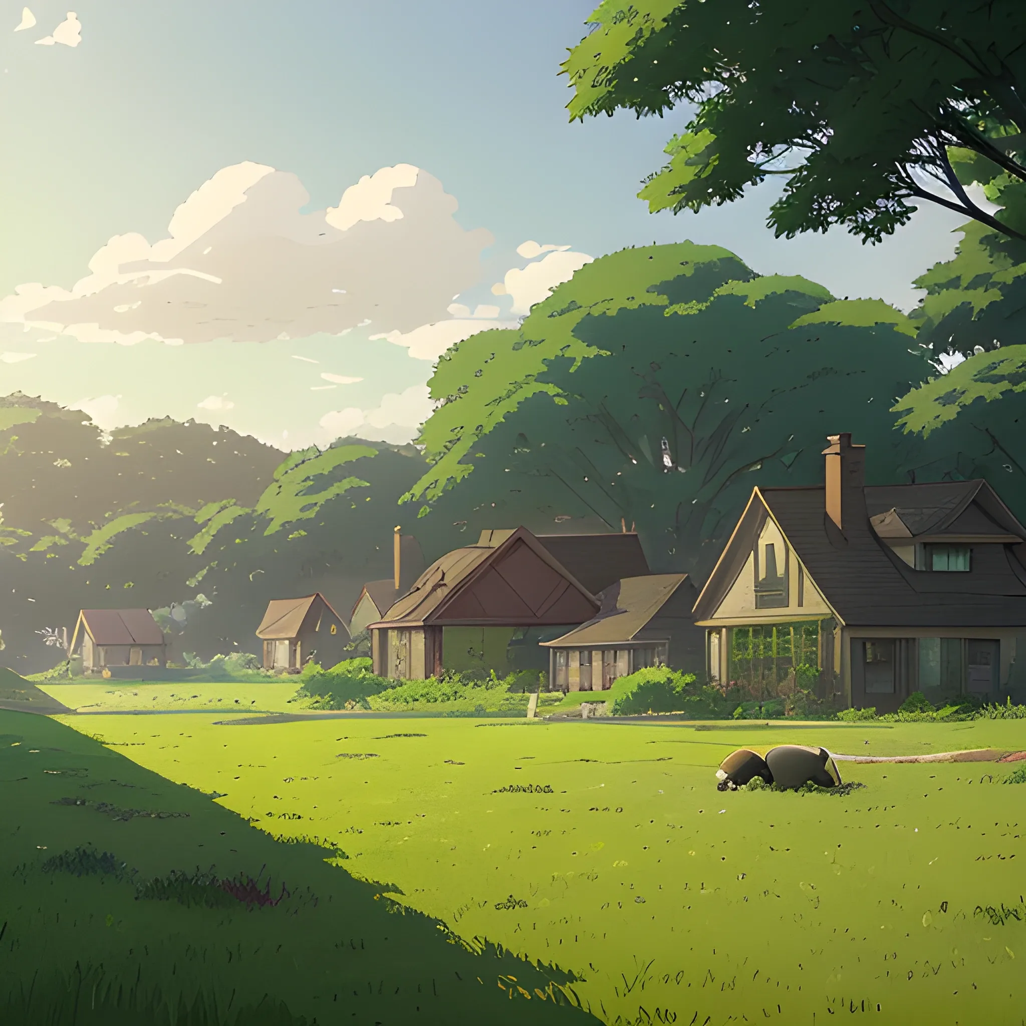 large yard with greenery, grasses and some houses in the distance... in the style of makoto shinkai and greg rutkowski and albert bierstadt and james gurney, Cartoon