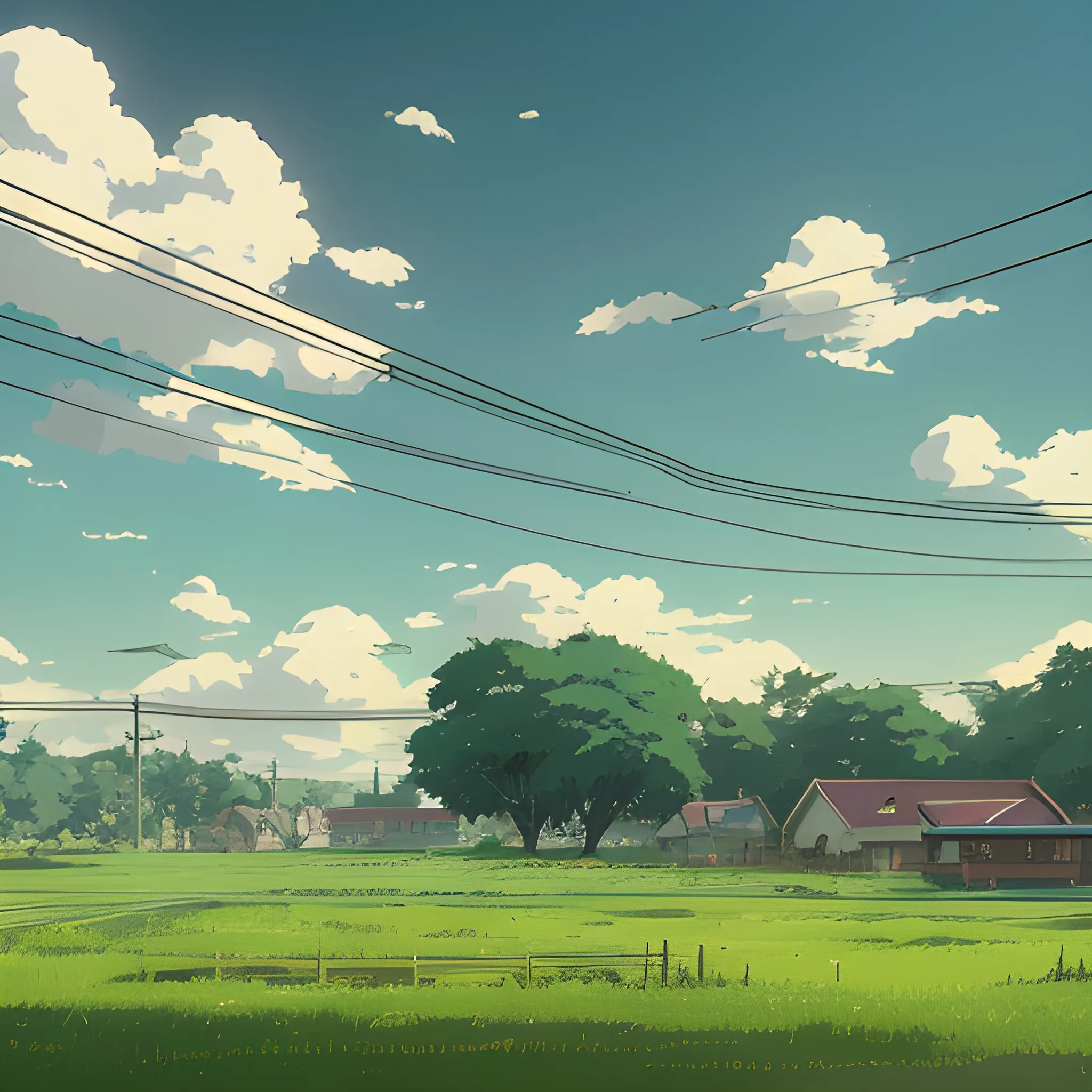 large yard with greenery, grasses and some houses in the distance, electric poles... in the style of makoto shinkai and greg rutkowski and albert bierstadt and james gurney, Cartoon