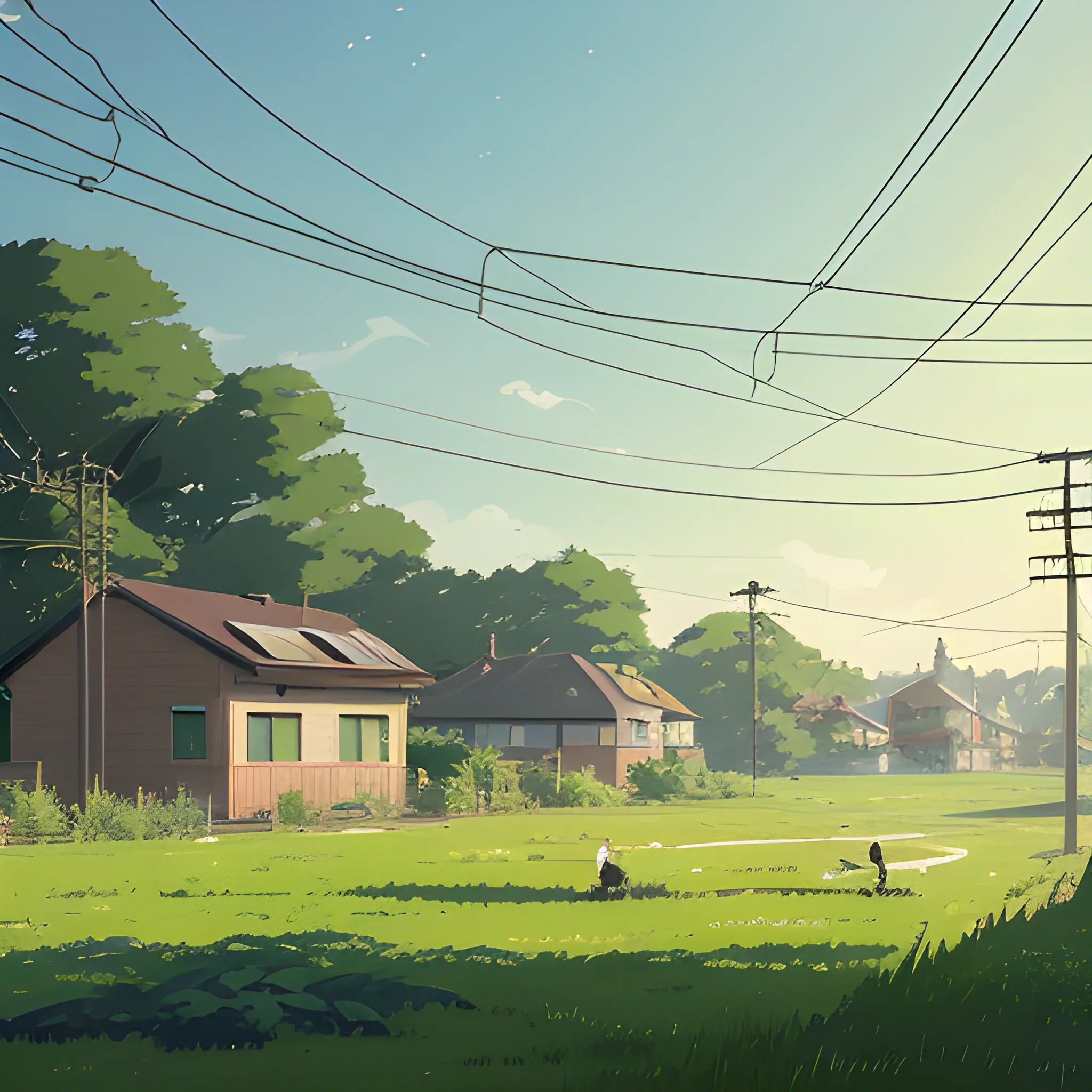 large yard with greenery, grasses and some houses in the distance, electric poles... in the style of makoto shinkai and greg rutkowski and albert bierstadt and james gurney, Cartoon