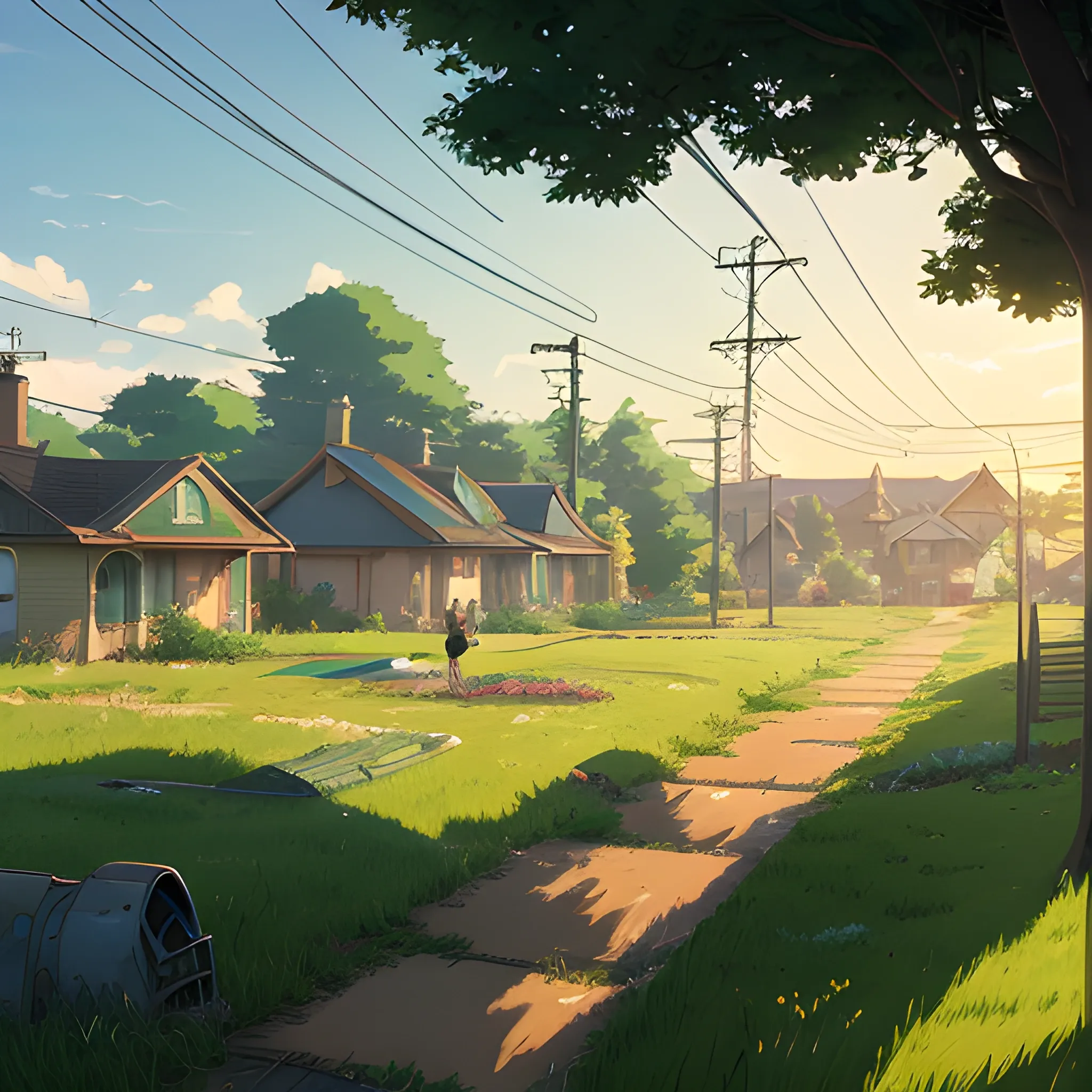 large yard with greenery, grasses and some houses in the distance, electric poles and glimmers of sunlight... in the style of makoto shinkai and greg rutkowski and albert bierstadt and james gurney, Cartoon