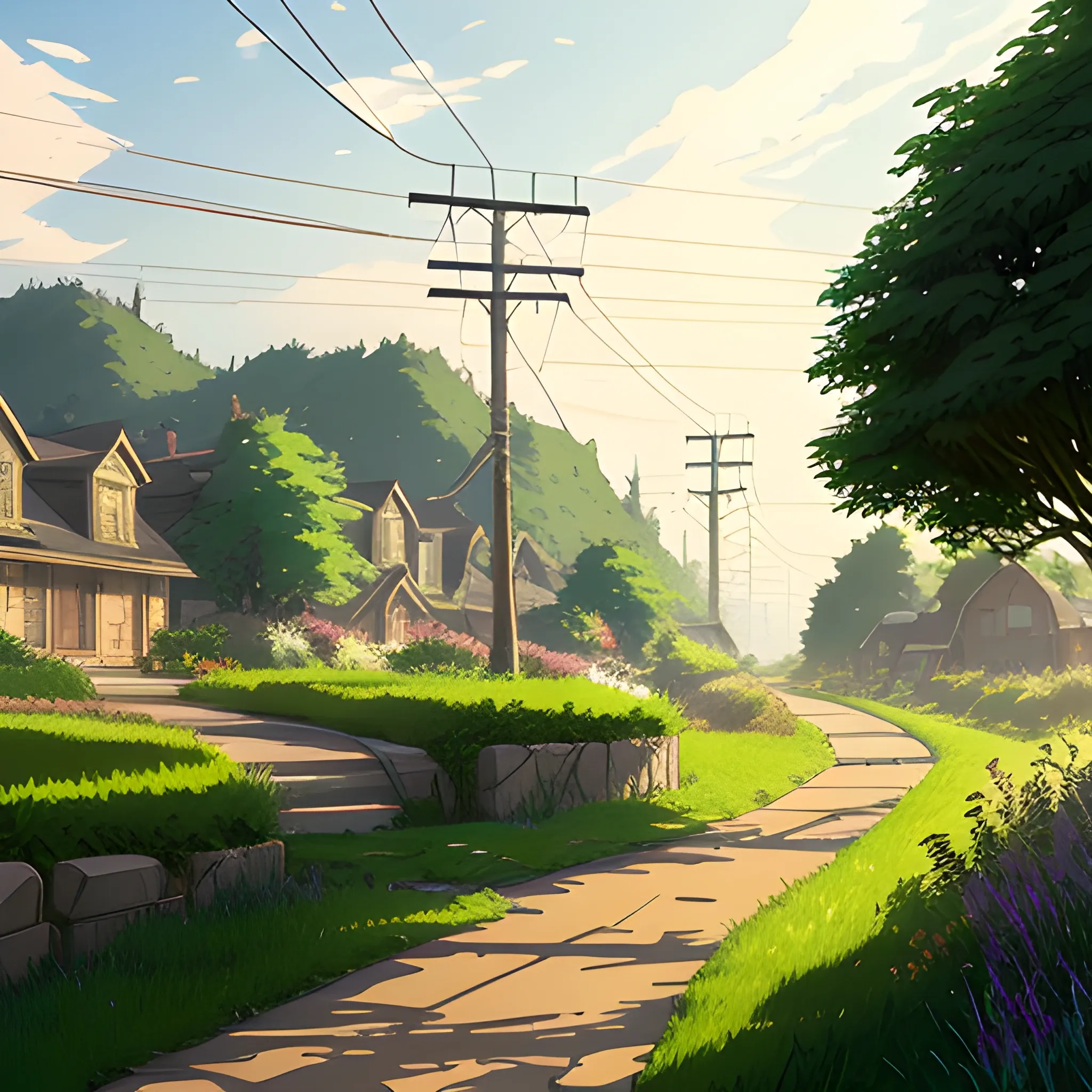 large yard with greenery, a small path, grasses and some houses in the distance, electric poles and glimmers of sunlight... in the style of makoto shinkai and greg rutkowski and albert bierstadt and james gurney, Cartoon