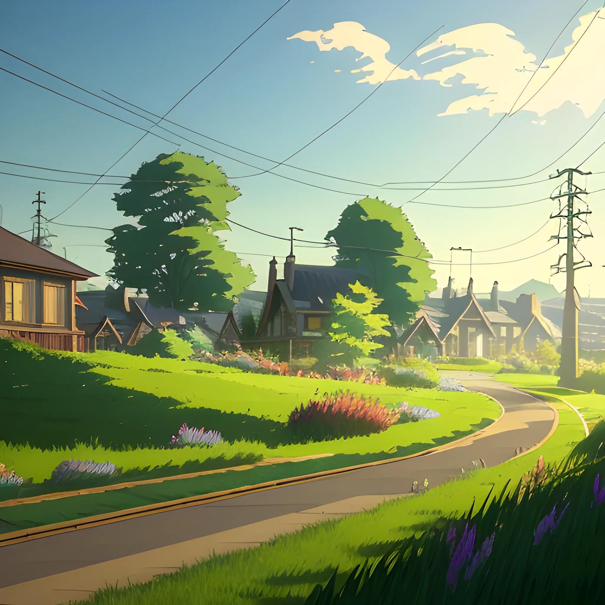 large yard with greenery, a small path, grasses and some houses in the distance, electric poles and glimmers of sunlight... in the style of makoto shinkai and greg rutkowski and albert bierstadt and james gurney, Cartoon