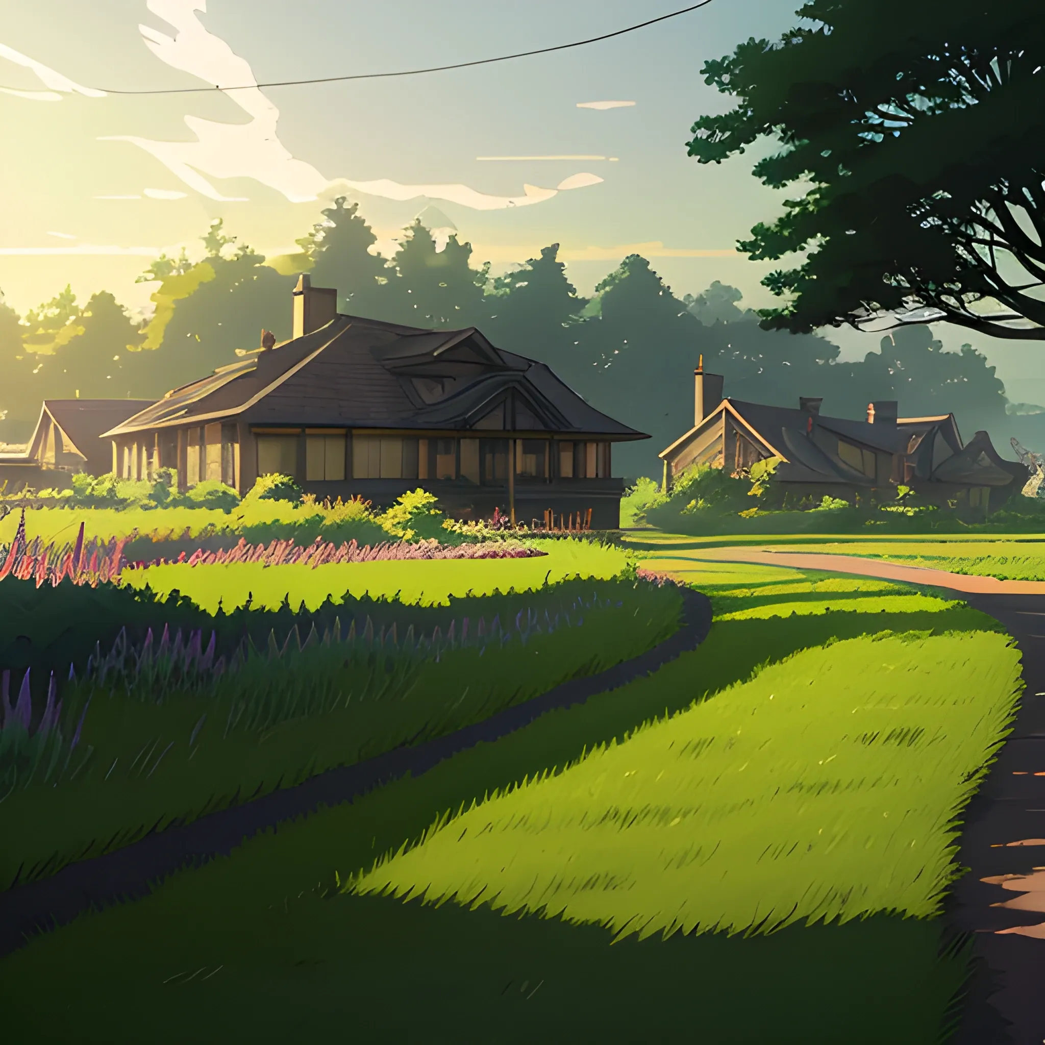 large yard with greenery, a small path, grasses and some houses in the distance, electric poles and glimmers of sunlight... in the style of makoto shinkai and greg rutkowski and albert bierstadt and james gurney, Cartoon