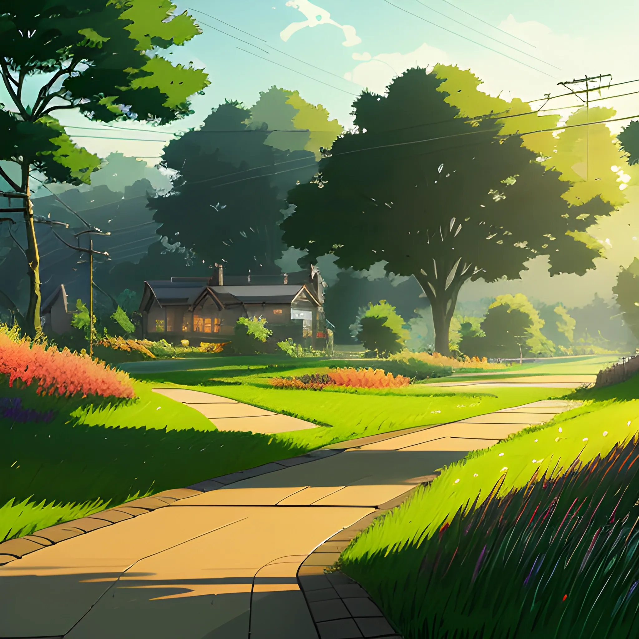 large yard with greenery, a small path, grasses and some houses in the distance, electric poles and glimmers of sunlight... in the style of makoto shinkai and greg rutkowski and albert bierstadt and james gurney, Cartoon