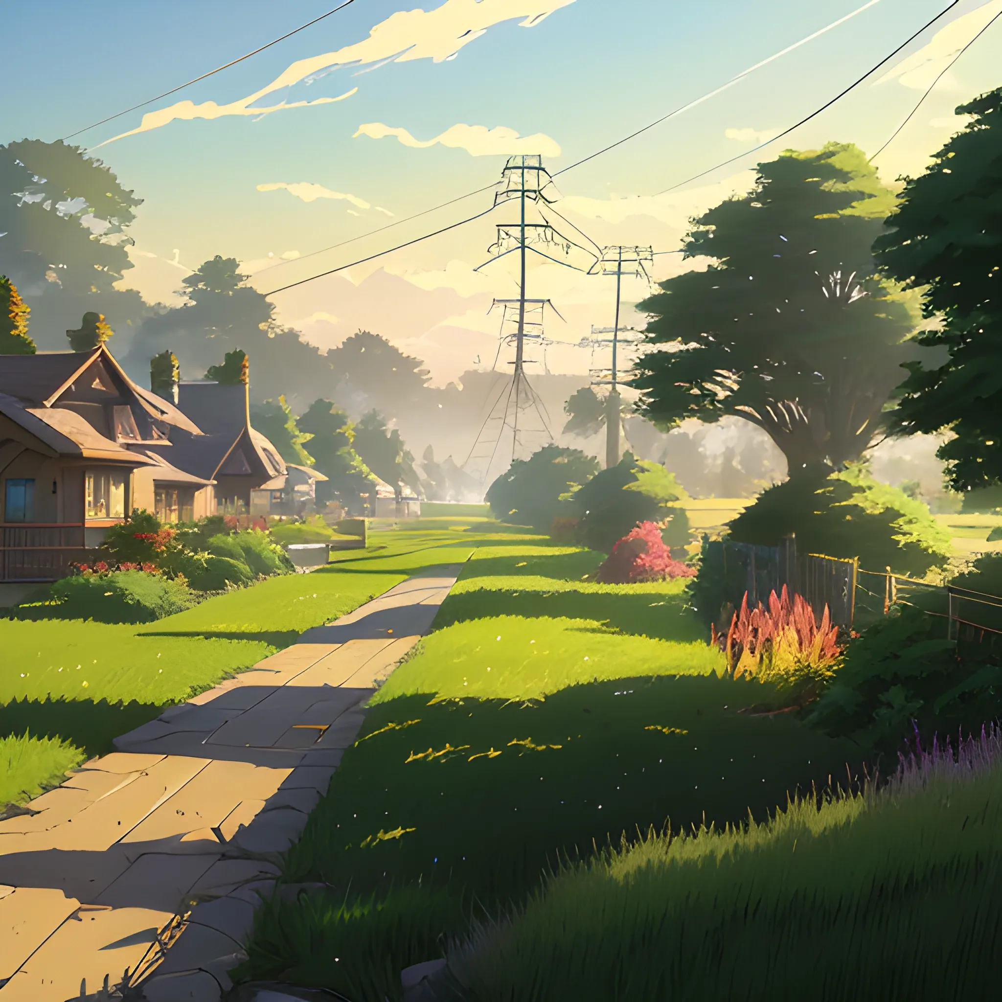 large yard with greenery, a small path, grasses and some houses in the distance, electric poles and glimmers of sunlight... in the style of makoto shinkai and greg rutkowski and albert bierstadt and james gurney, Cartoon