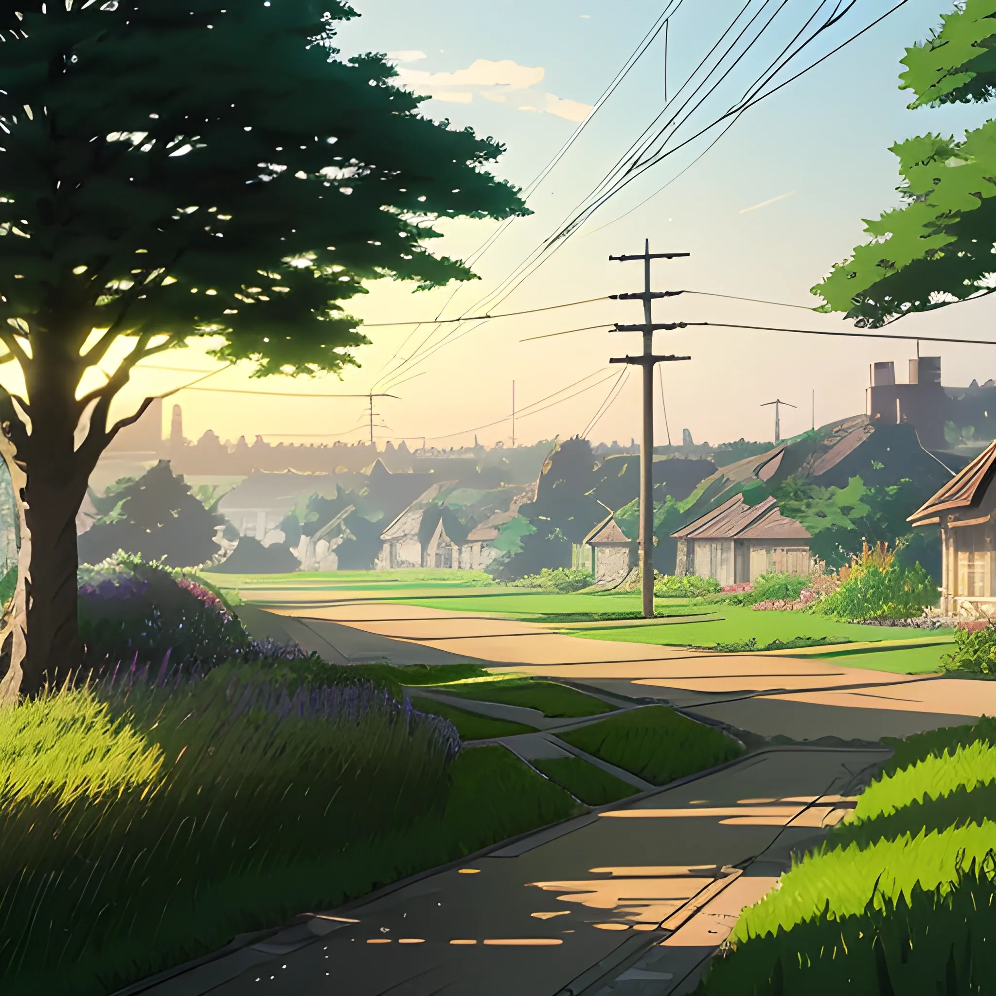 large yard with greenery, a small path, grasses and some houses in the distance, electric poles and glimmers of sunlight... in the style of makoto shinkai and greg rutkowski and albert bierstadt and james gurney, Cartoon