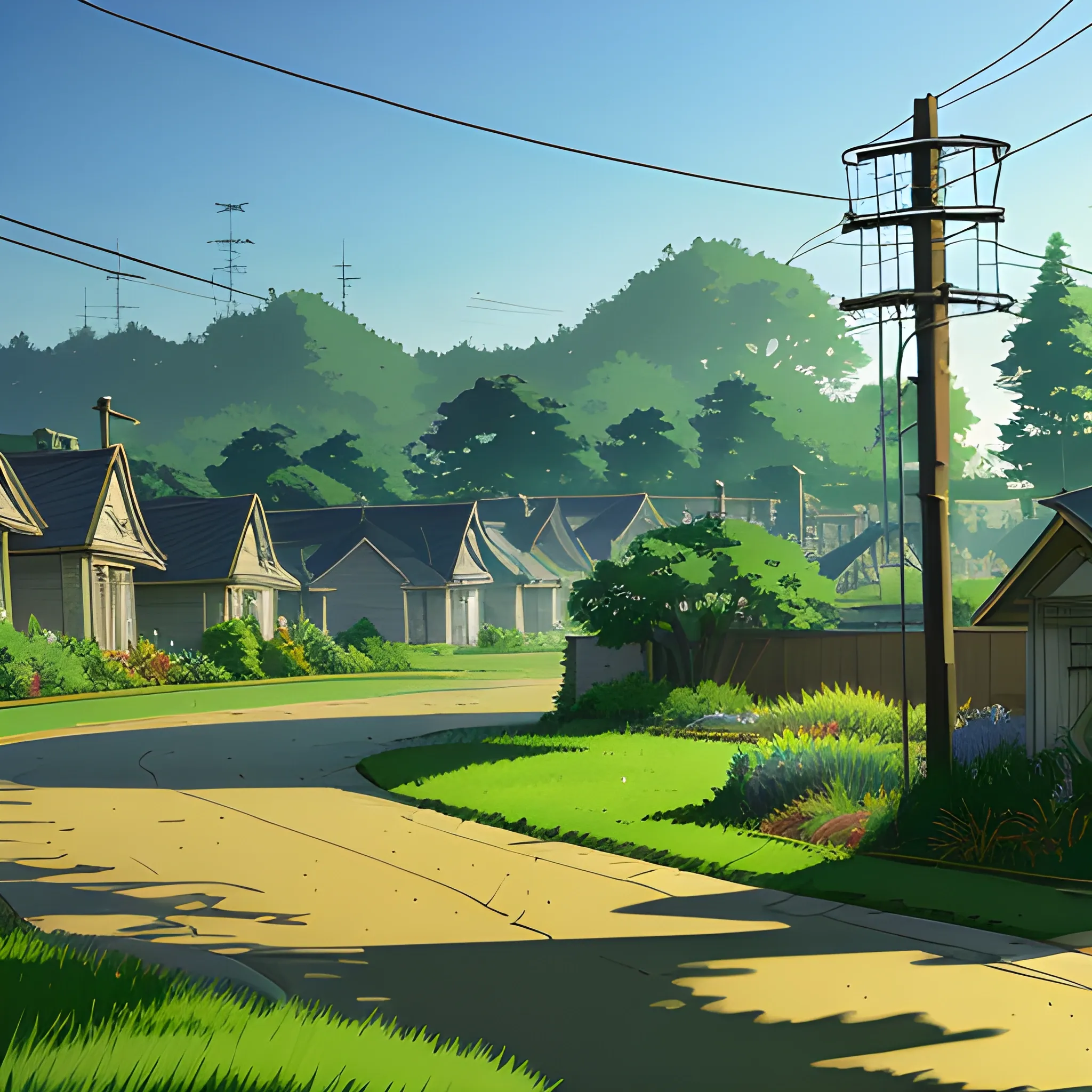 suburb, large yard with greenery, a small path, grasses and some houses in the distance, electric poles and glimmers of sunlight... in the style of makoto shinkai and greg rutkowski and albert bierstadt and james gurney, Cartoon