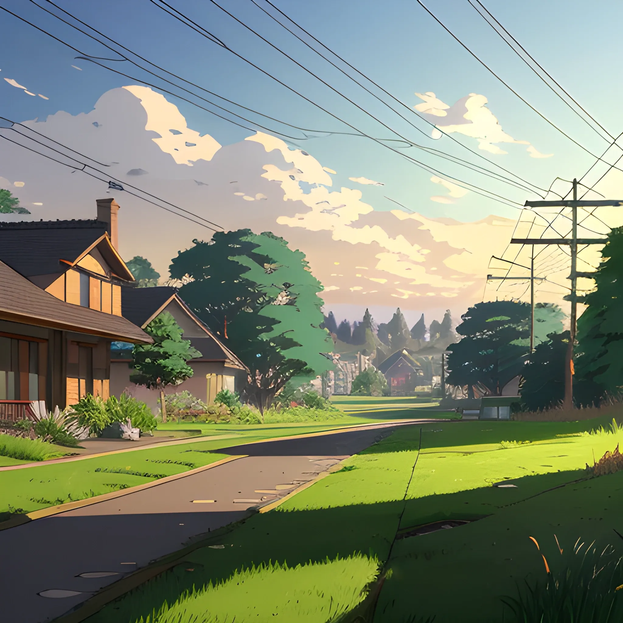 suburb, large yard with greenery, a small path, grasses and some houses in the distance, electric poles and glimmers of sunlight... in the style of makoto shinkai and greg rutkowski and albert bierstadt and james gurney, Cartoon