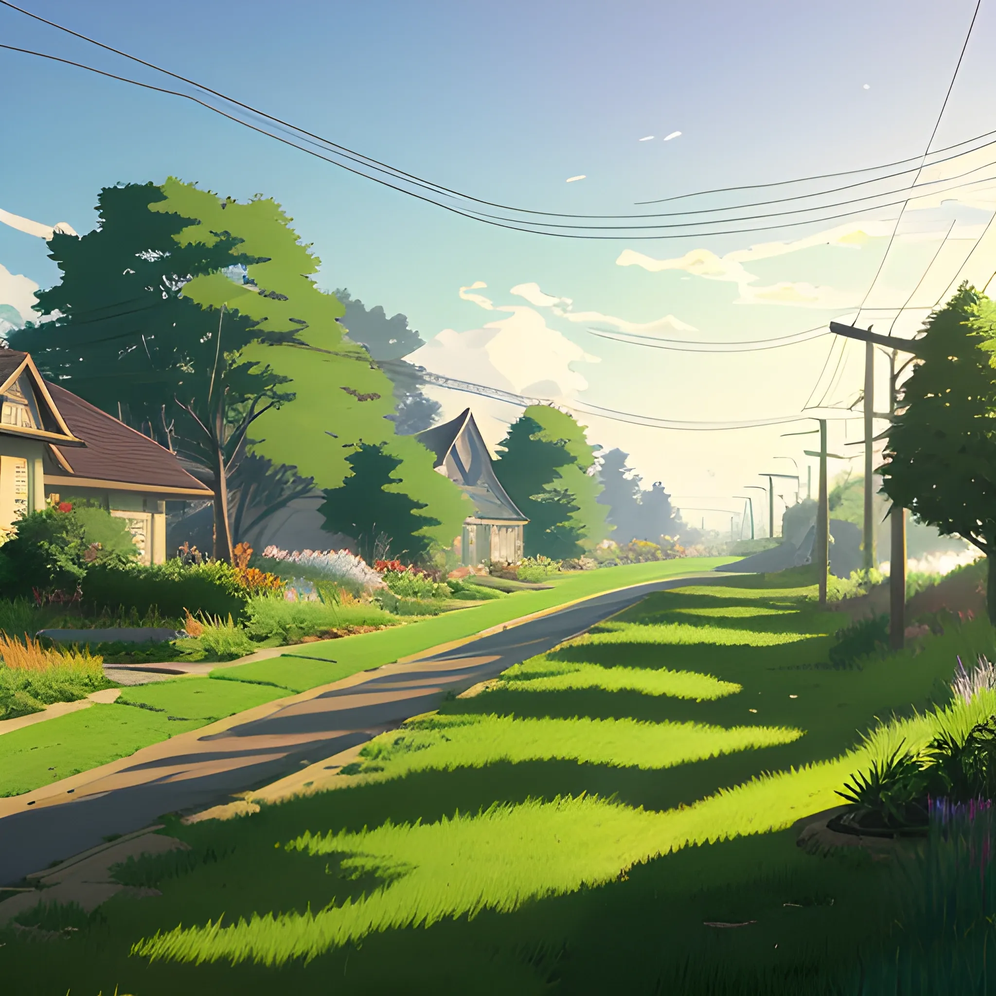 suburb, large yard with greenery, a small path, grasses and some houses in the distance, electric poles and glimmers of sunlight... in the style of makoto shinkai and greg rutkowski and albert bierstadt and james gurney, Cartoon