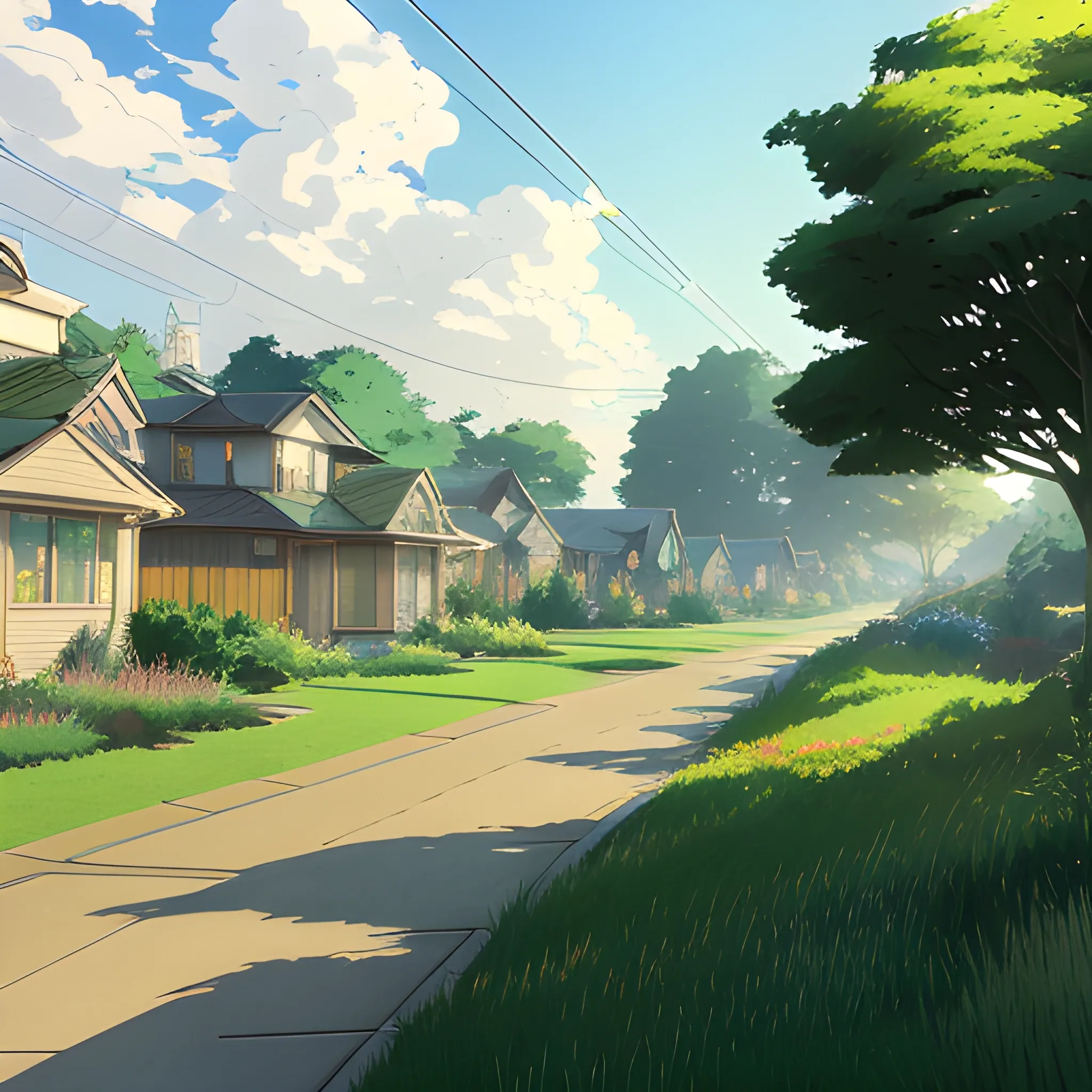 suburb, large yard with greenery, a small path, grasses and some houses in the distance, electric poles and glimmers of sunlight... in the style of makoto shinkai and greg rutkowski and albert bierstadt and james gurney, Cartoon