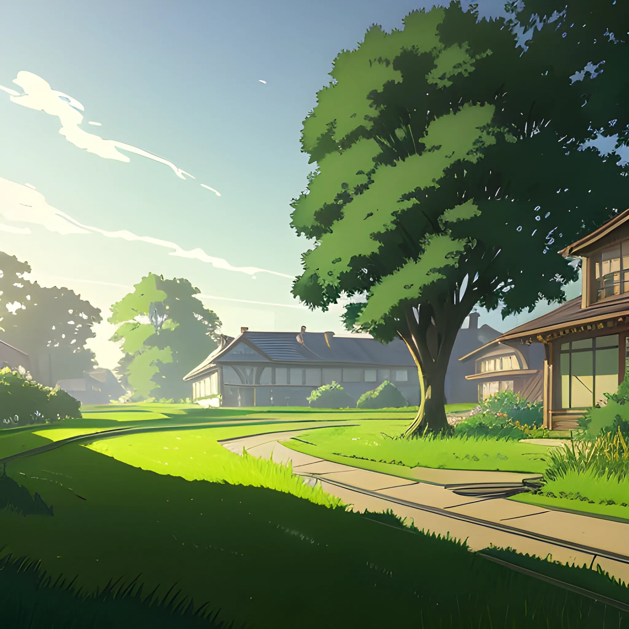 suburb, large yard with greenery, a small path, grasses and some houses in the distance, electric poles and glimmers of sunlight... in the style of makoto shinkai and greg rutkowski and albert bierstadt and james gurney, Cartoon