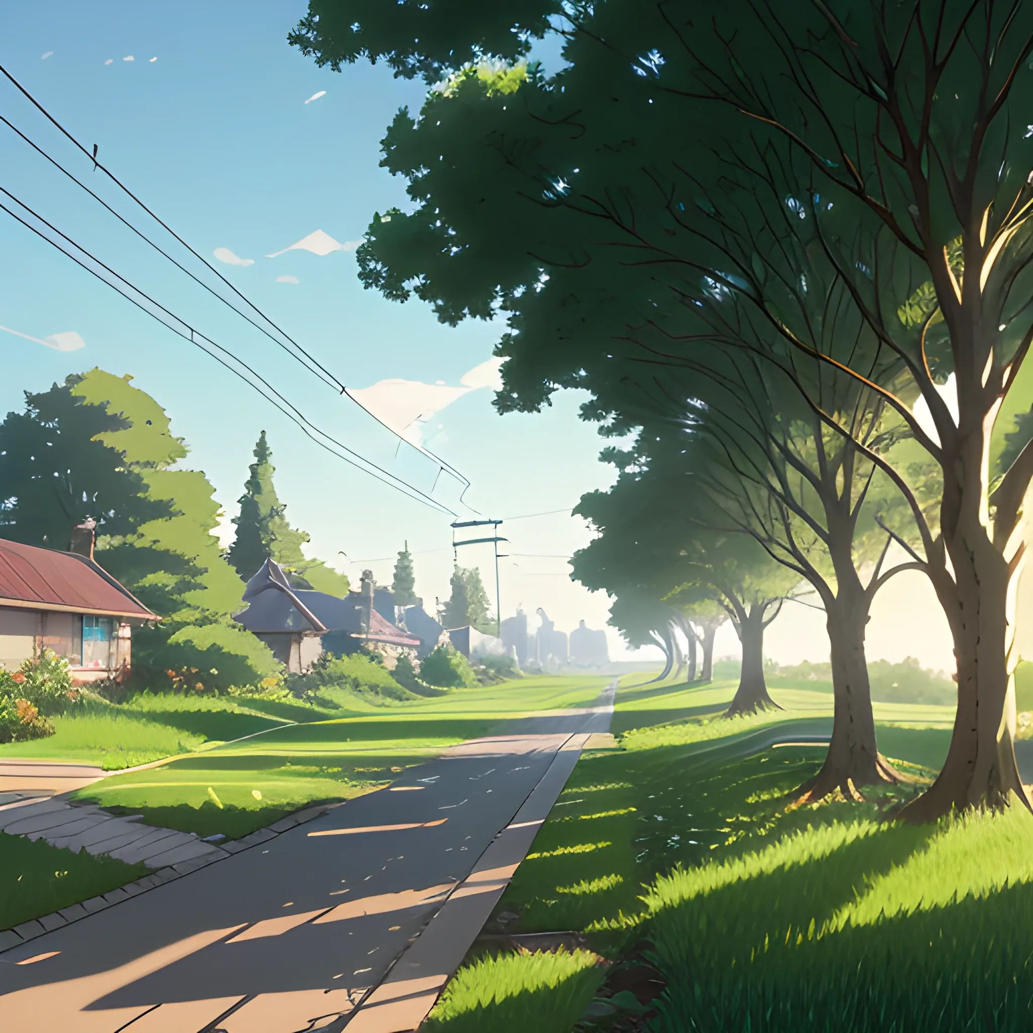 suburb, large yard with greenery, a small path, grasses and some houses in the distance, electric poles and glimmers of sunlight... in the style of makoto shinkai and greg rutkowski and albert bierstadt and james gurney, Cartoon